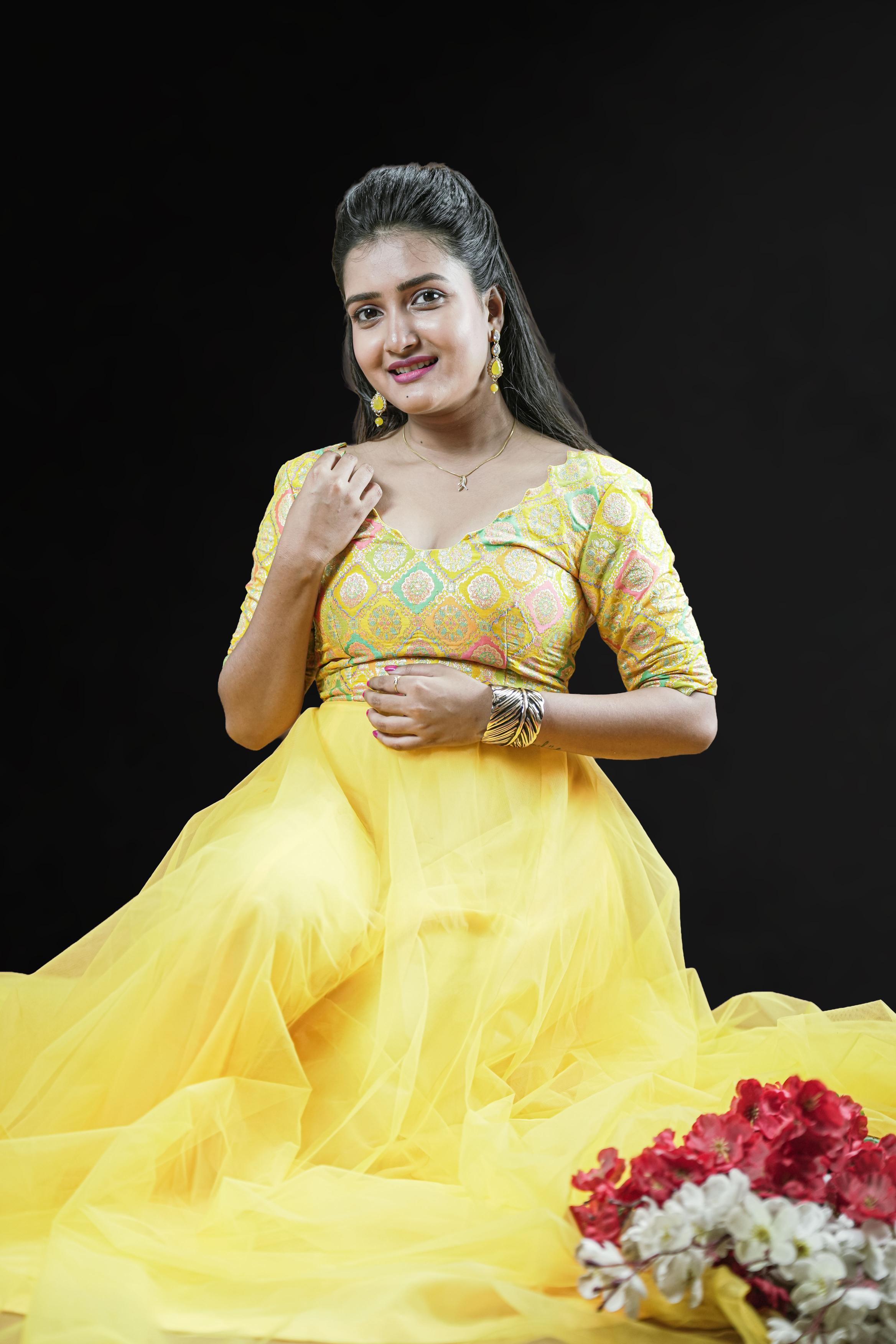 Sunshine Glam Embroidered Blouse & Yellow Net Gown
