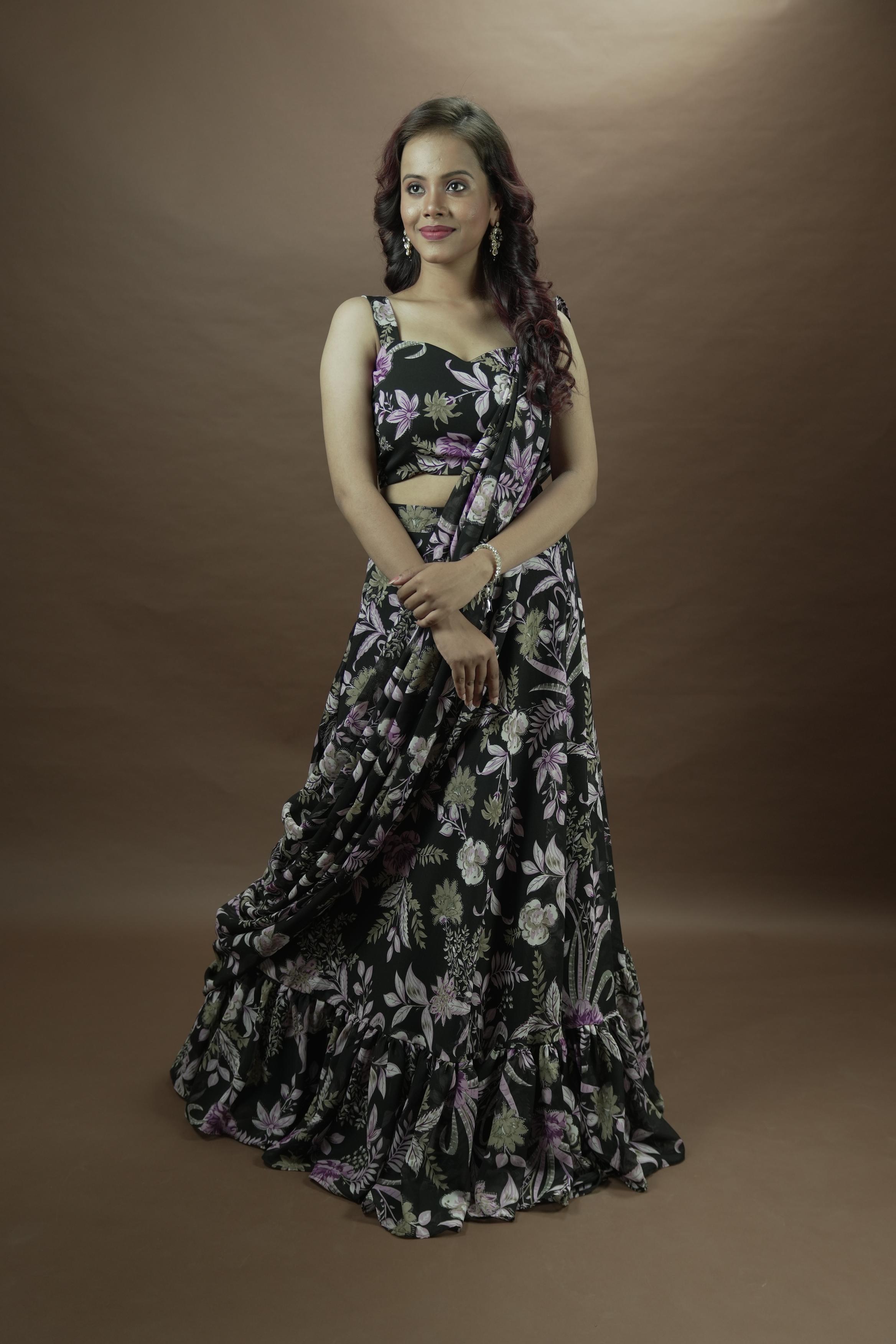 Black floral Lahenga set