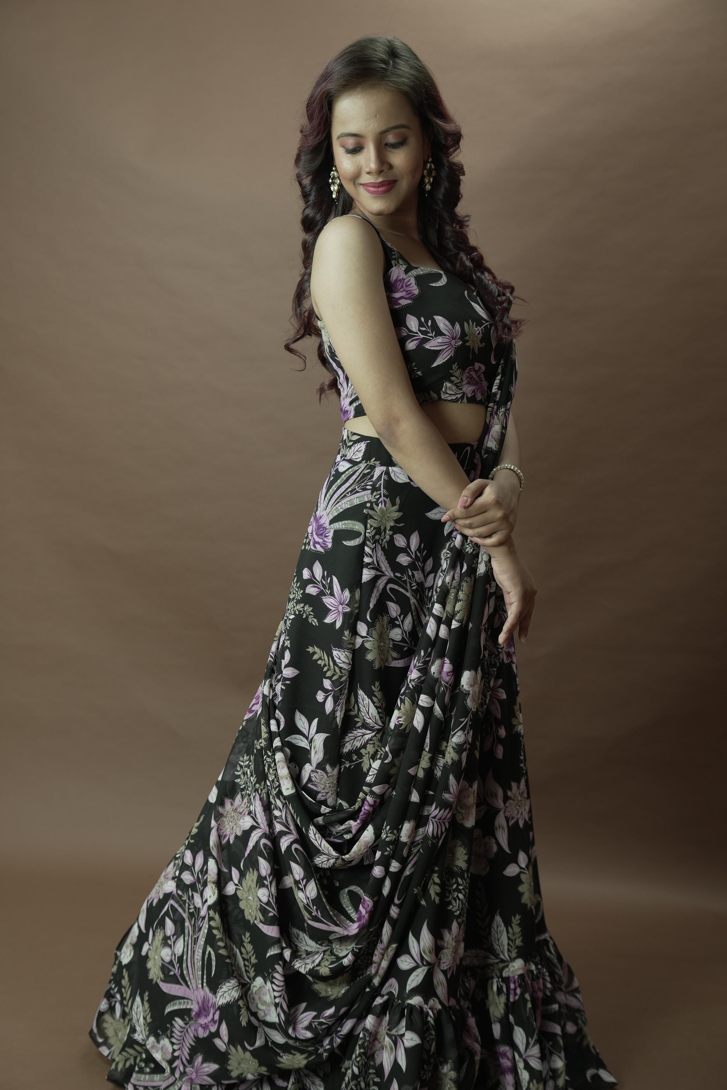Black floral Lahenga set