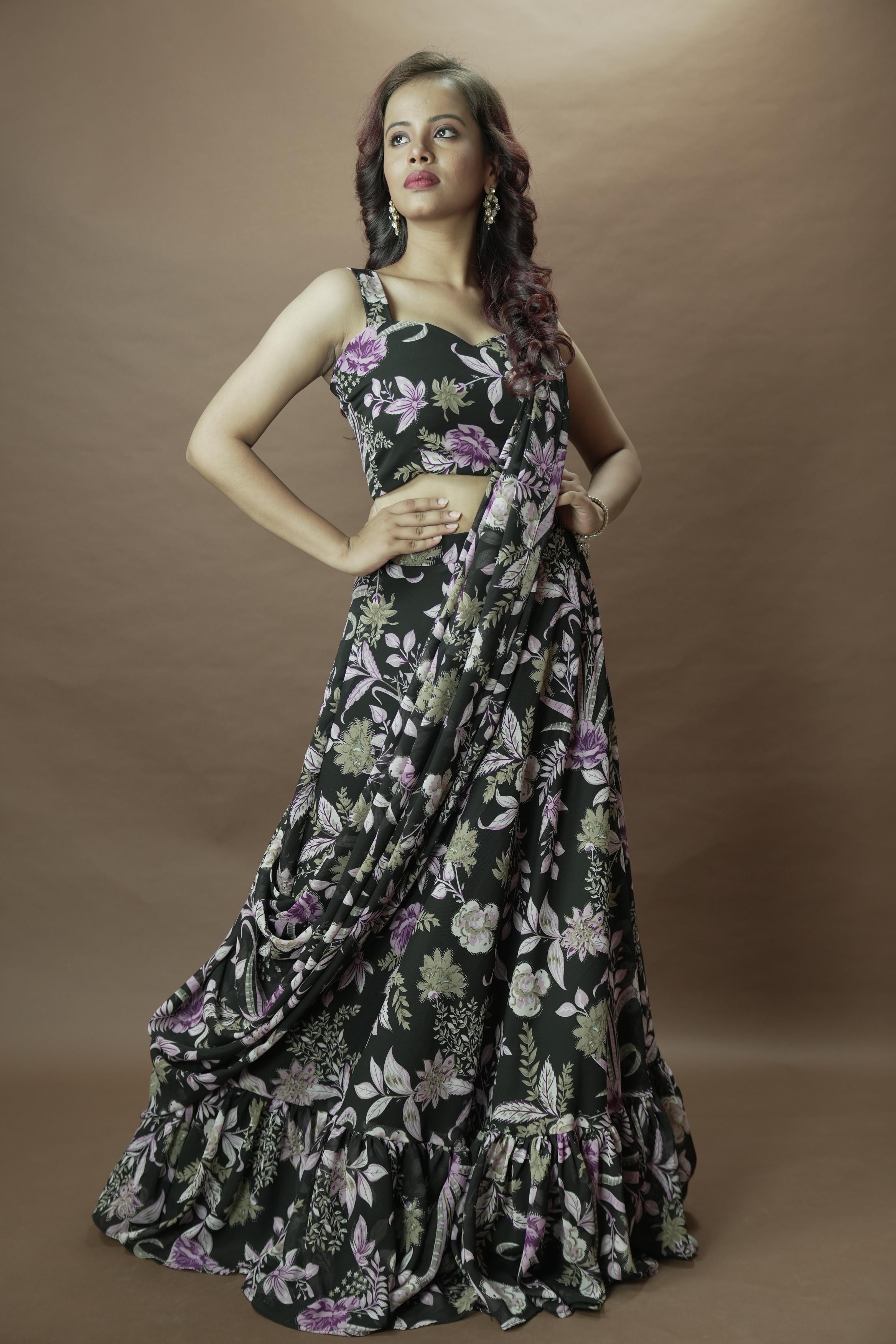Black floral Lahenga set