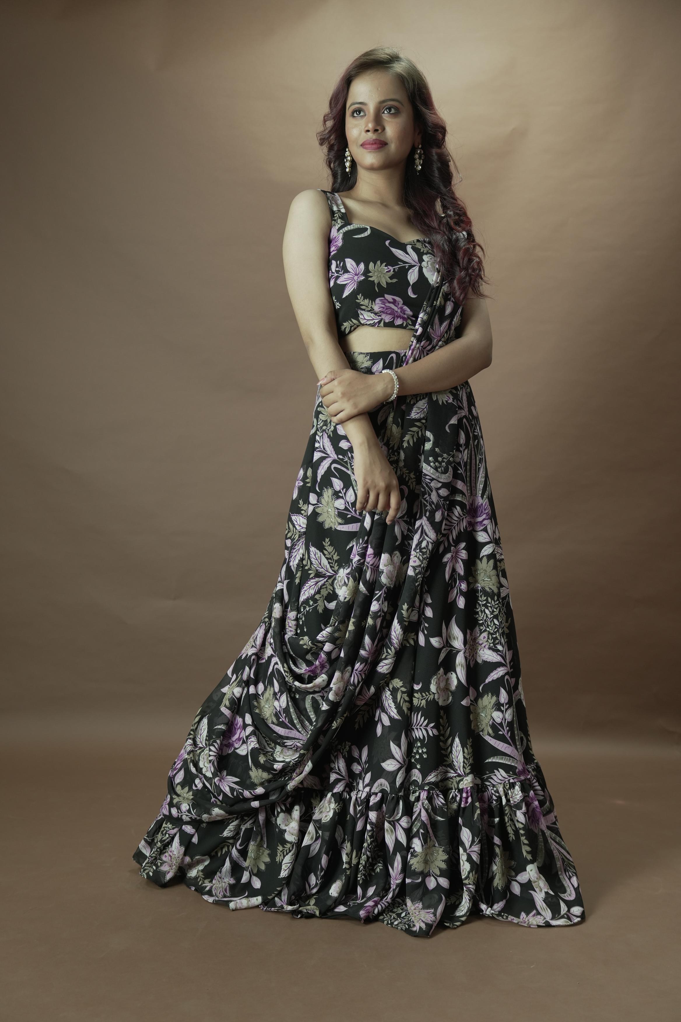 Black floral Lahenga set