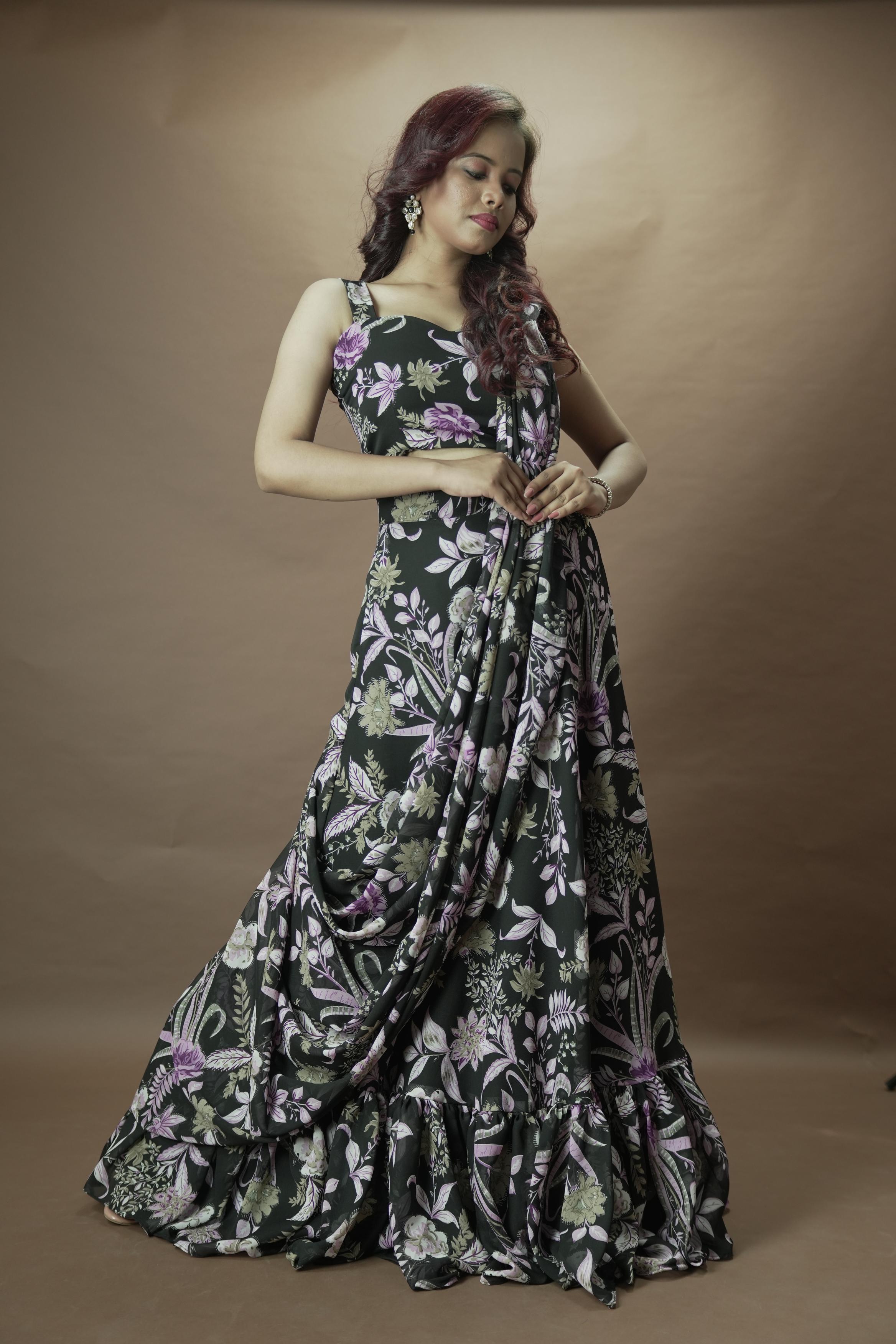 Black floral Lahenga set