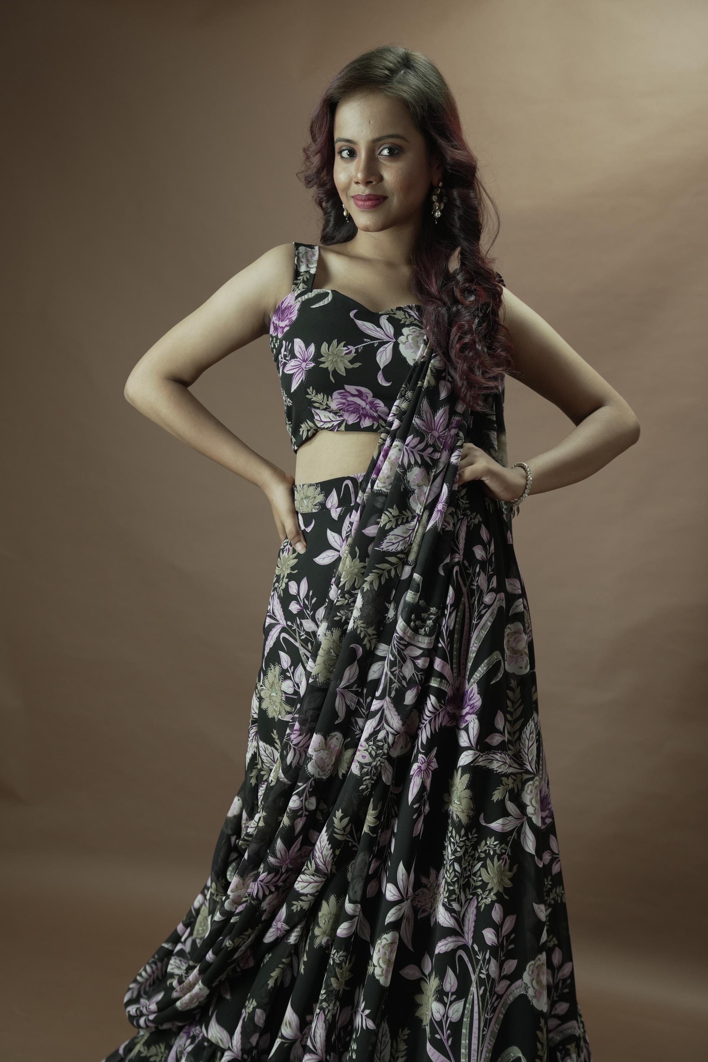 Black floral Lahenga set