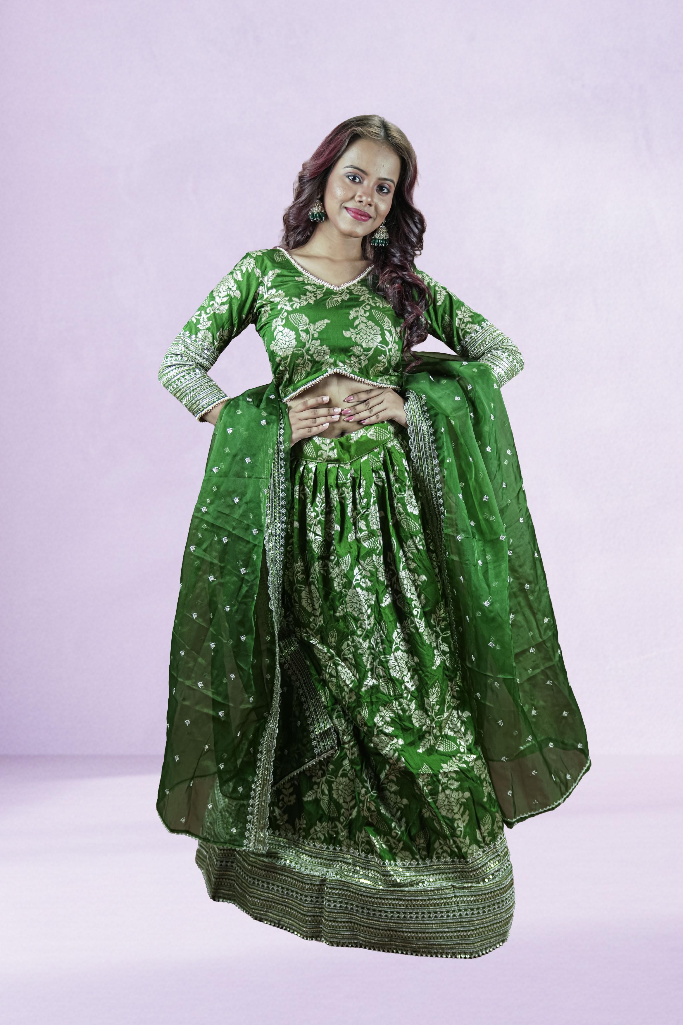 Parrot Green Banarasi Lahenga set