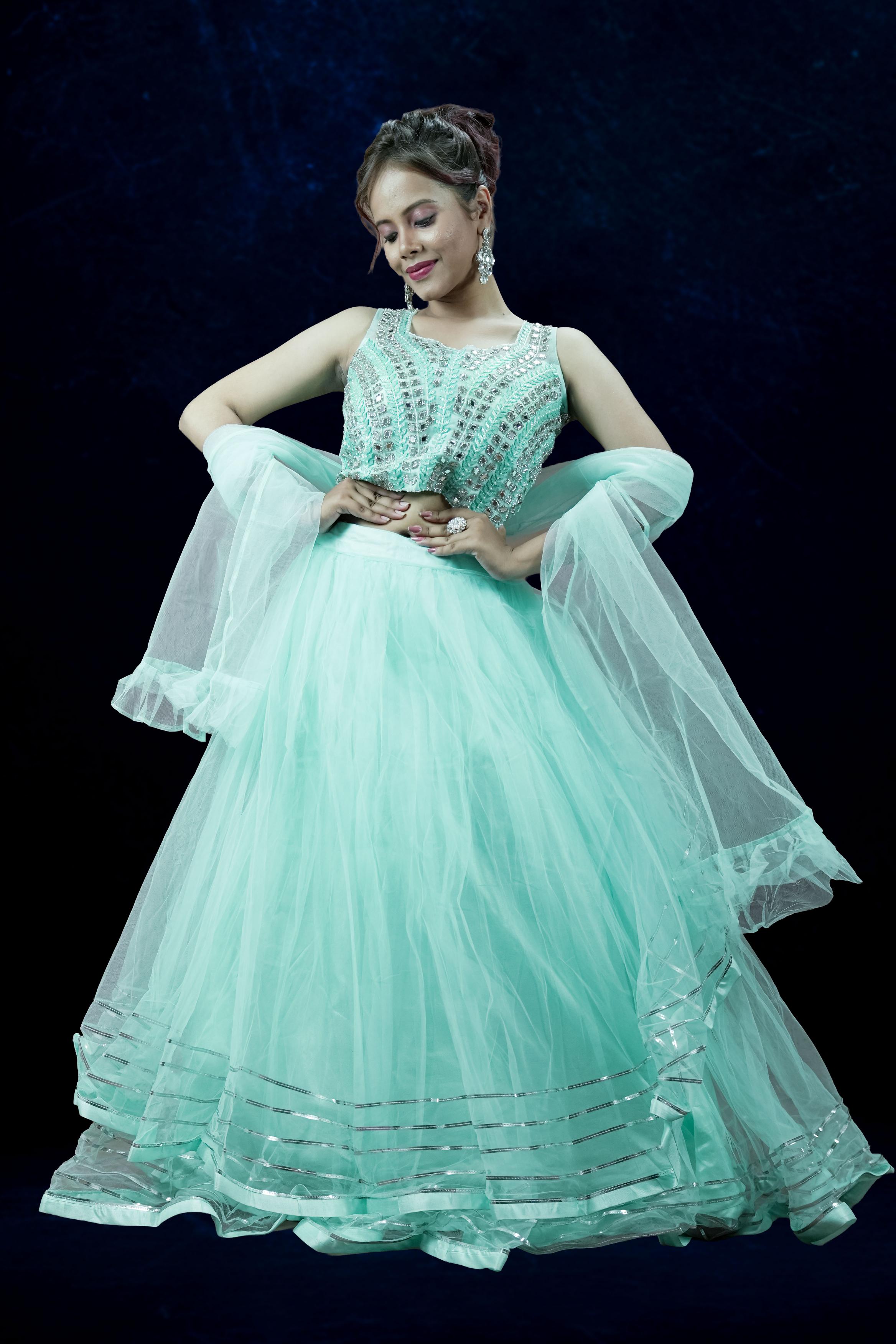 Mint Green Mirror Work Indo-Western Lahenga set