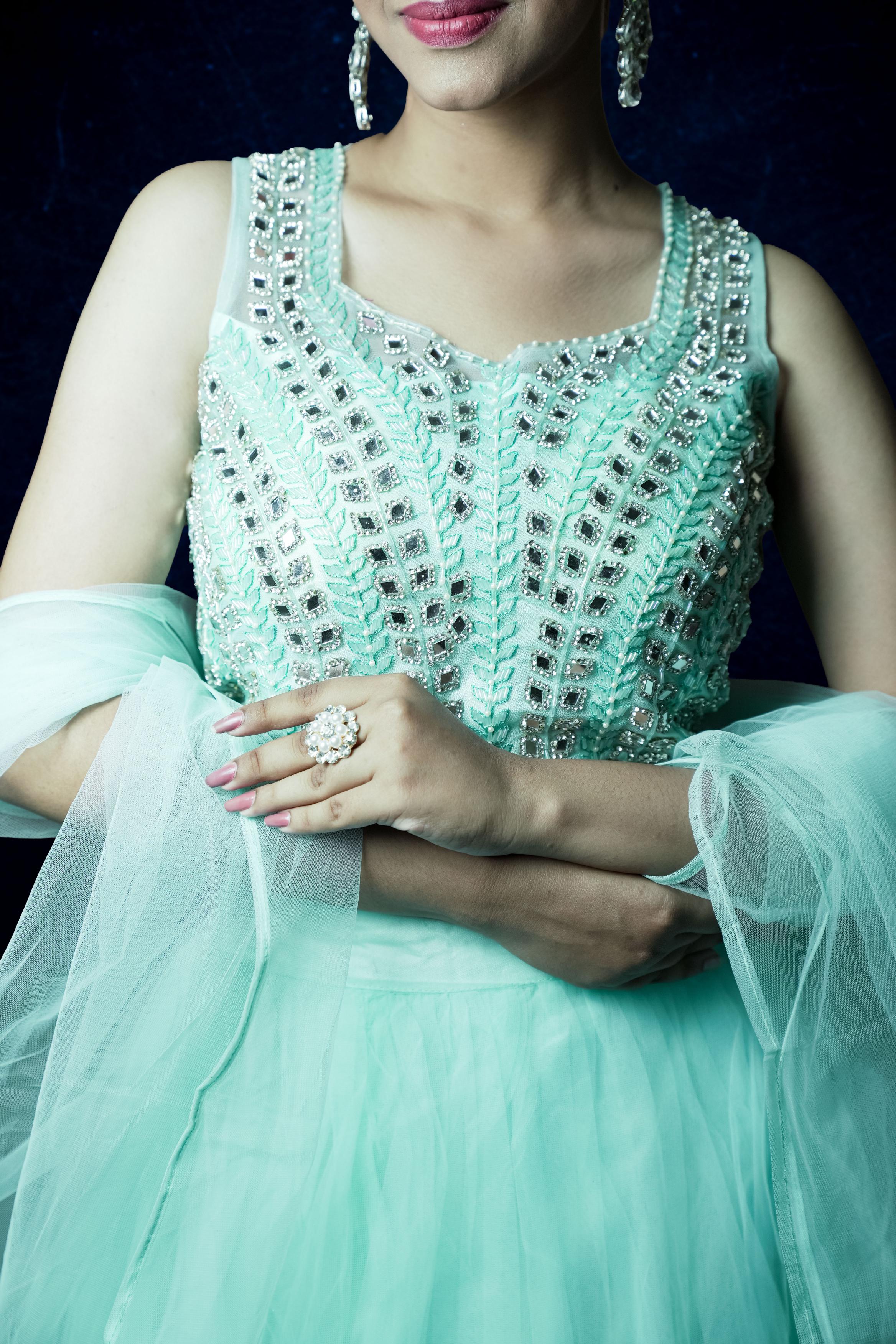 Mint Green Mirror Work Indo-Western Lahenga set