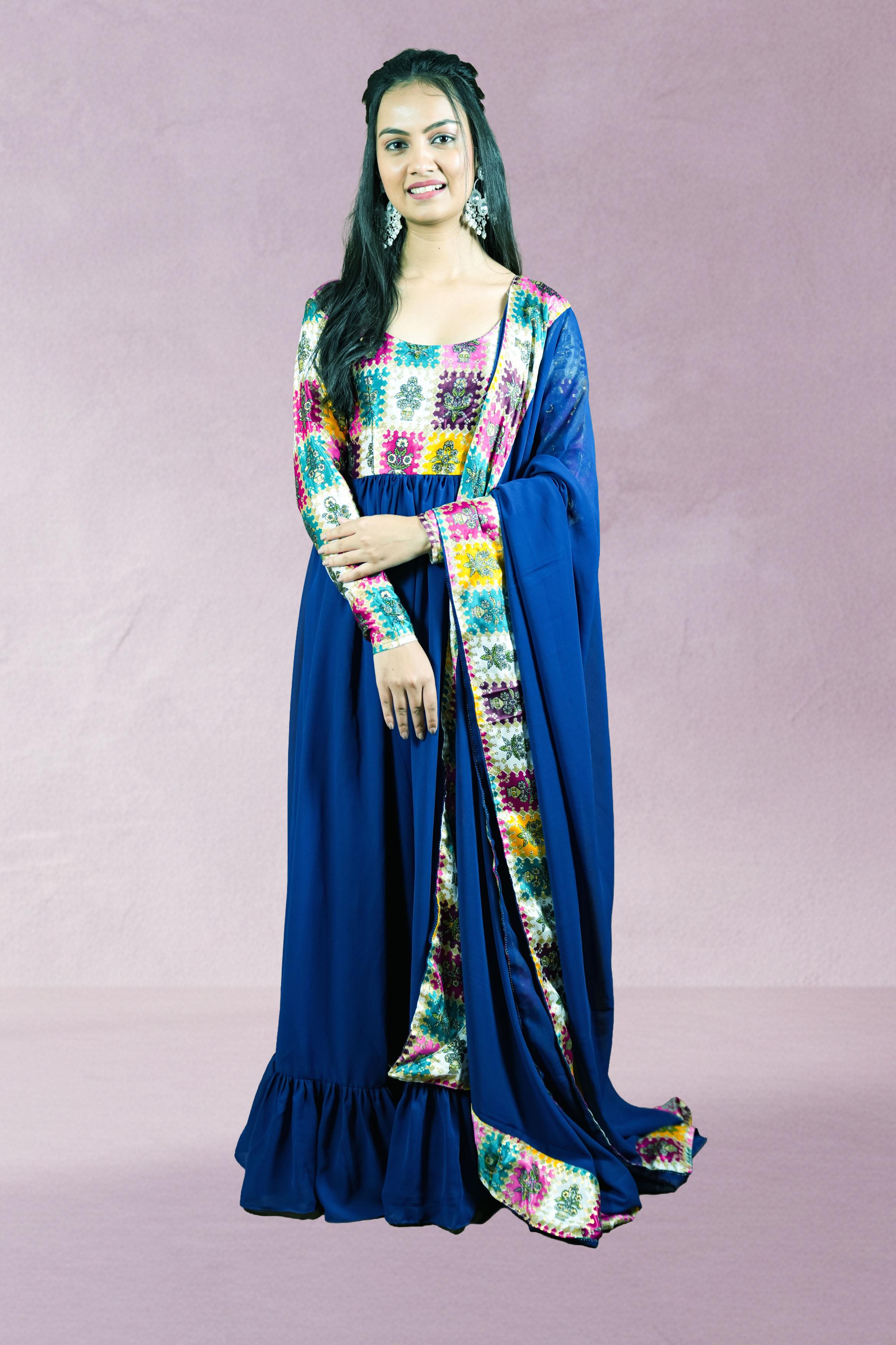 Navy Blue Patchwork Anarkali Set