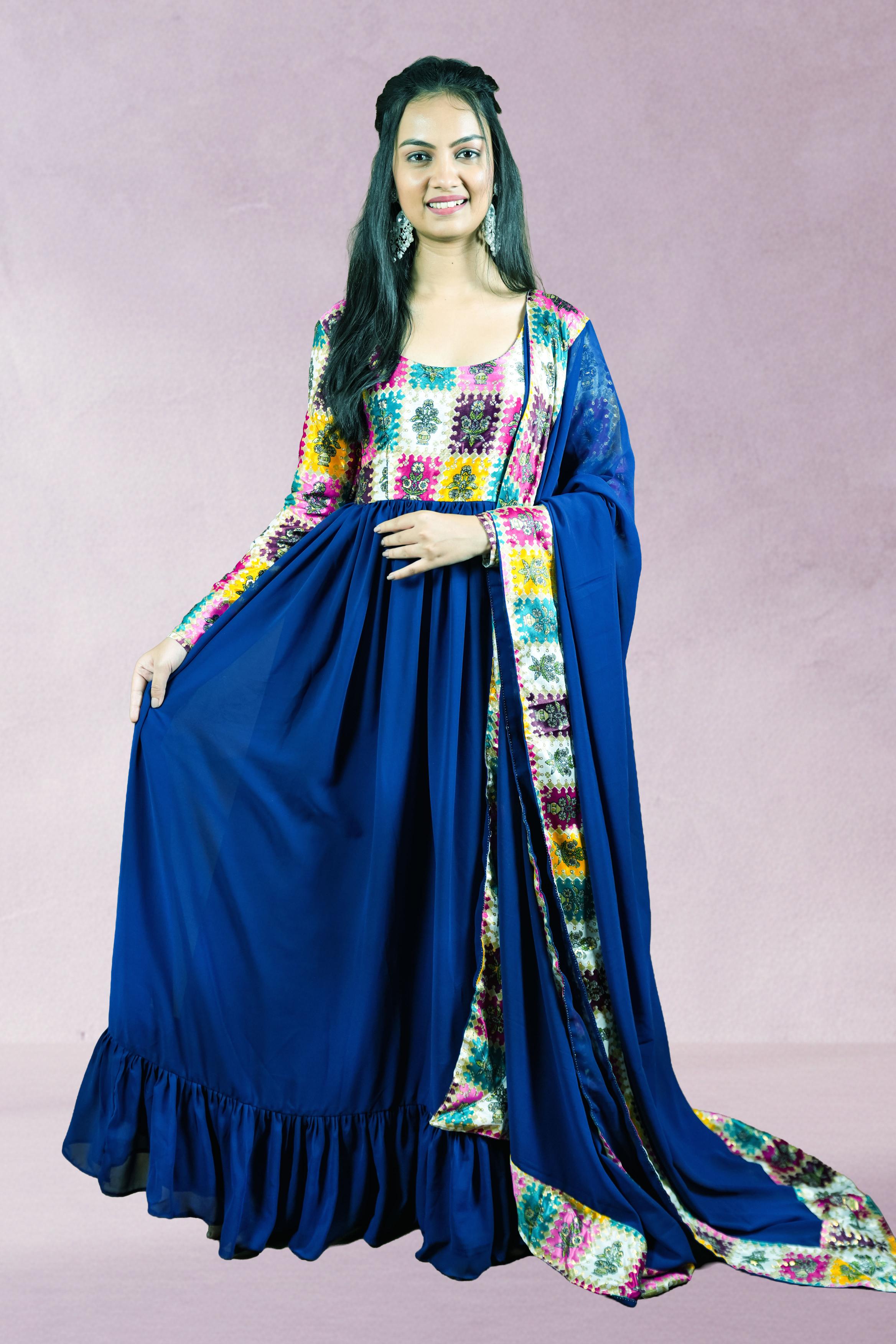 Navy Blue Patchwork Anarkali Set