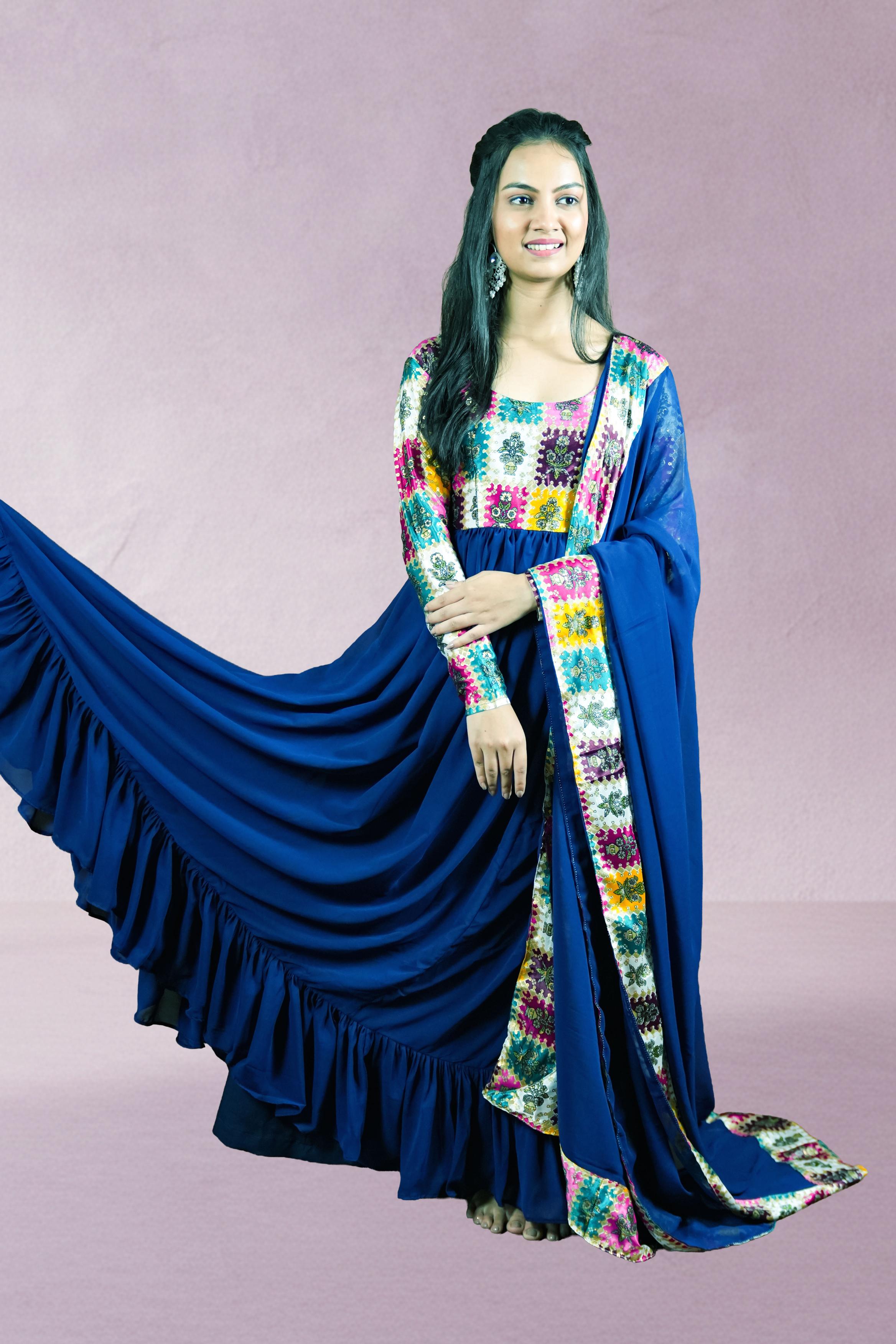 Navy Blue Patchwork Anarkali Set