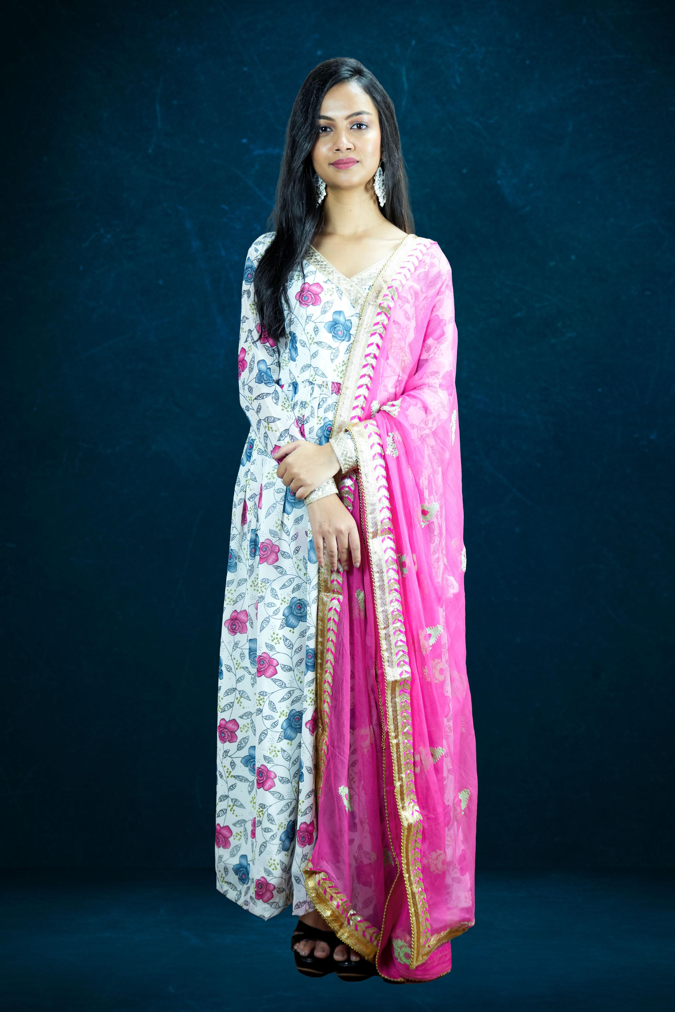 Floral Printed Anarkali with Pink Dupatta