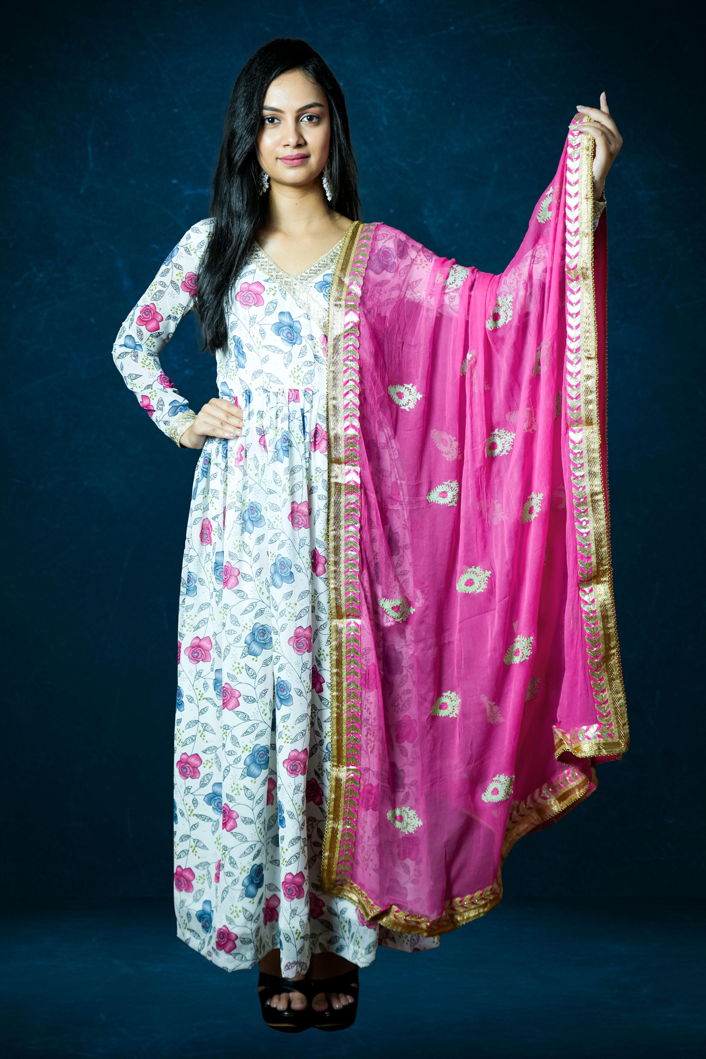Floral Printed Anarkali with Pink Dupatta