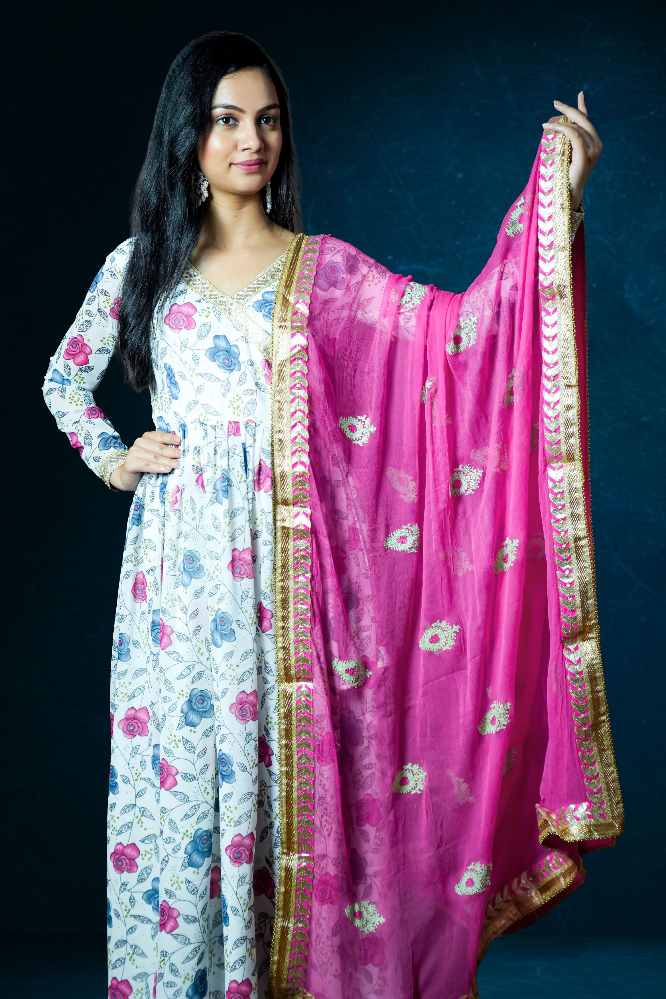 Floral Printed Anarkali with Pink Dupatta