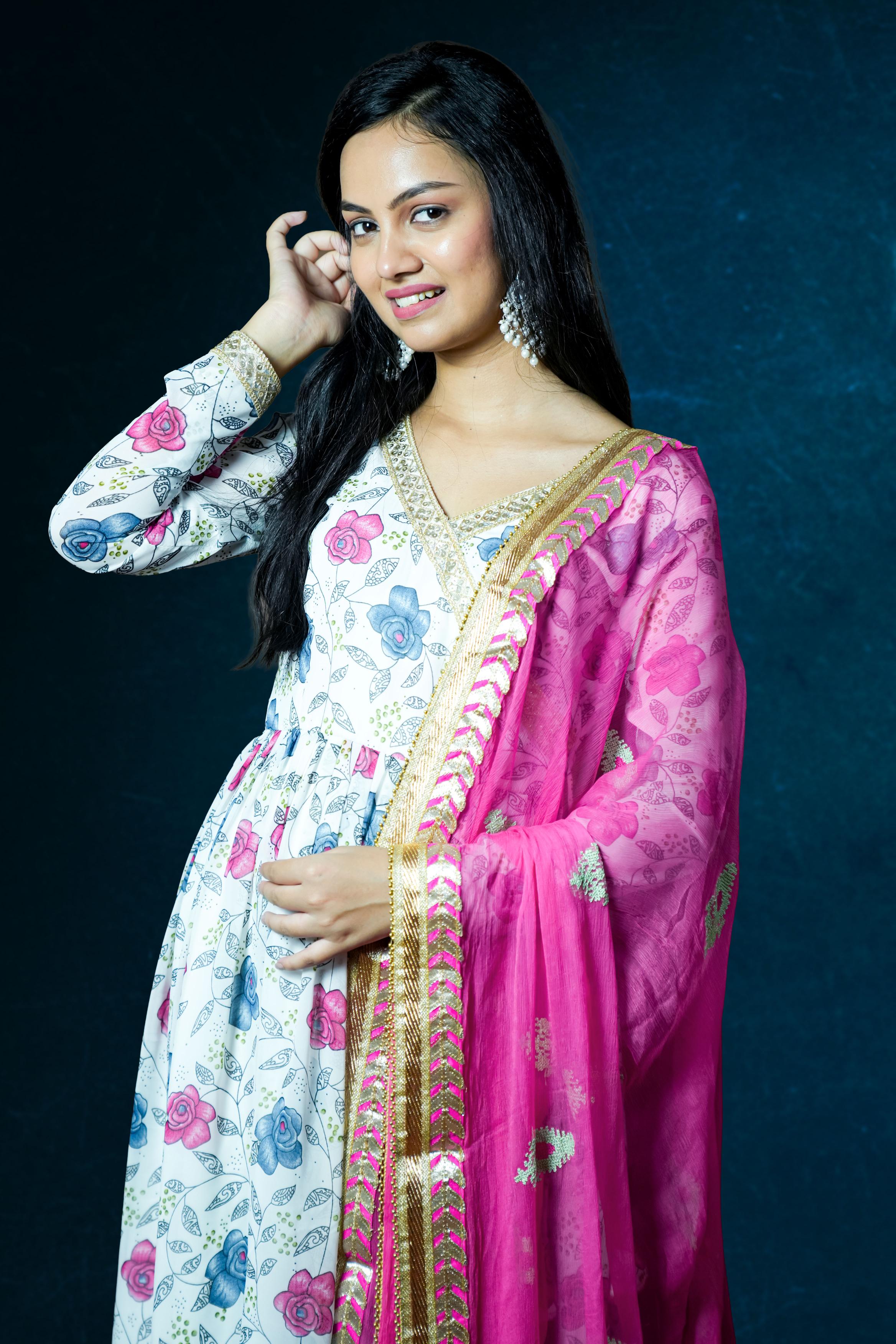 Floral Printed Anarkali with Pink Dupatta