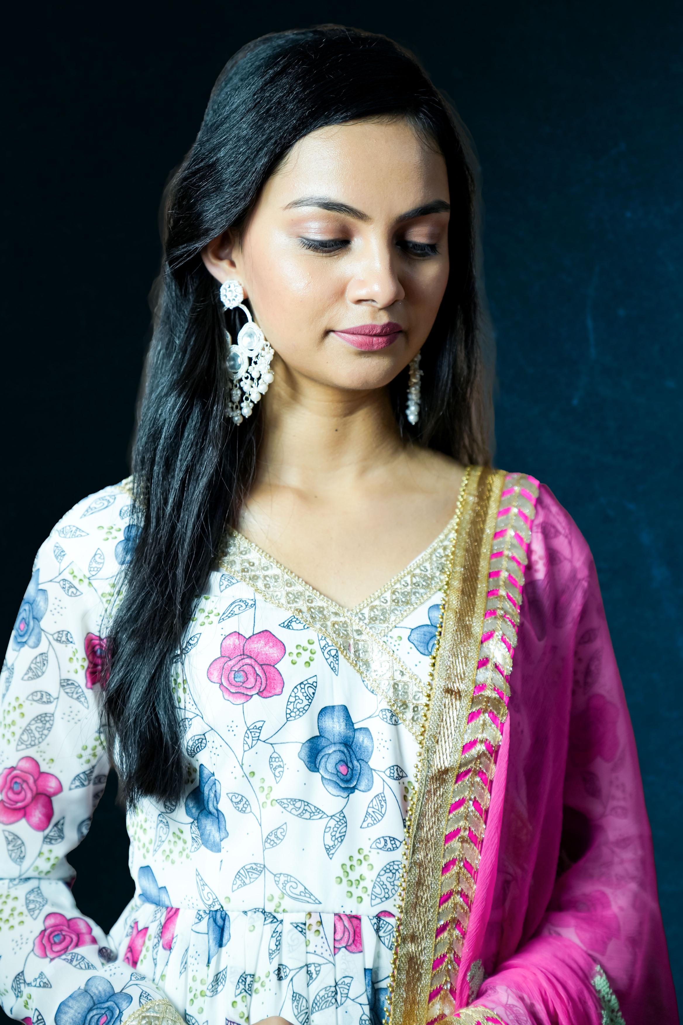 Floral Printed Anarkali with Pink Dupatta
