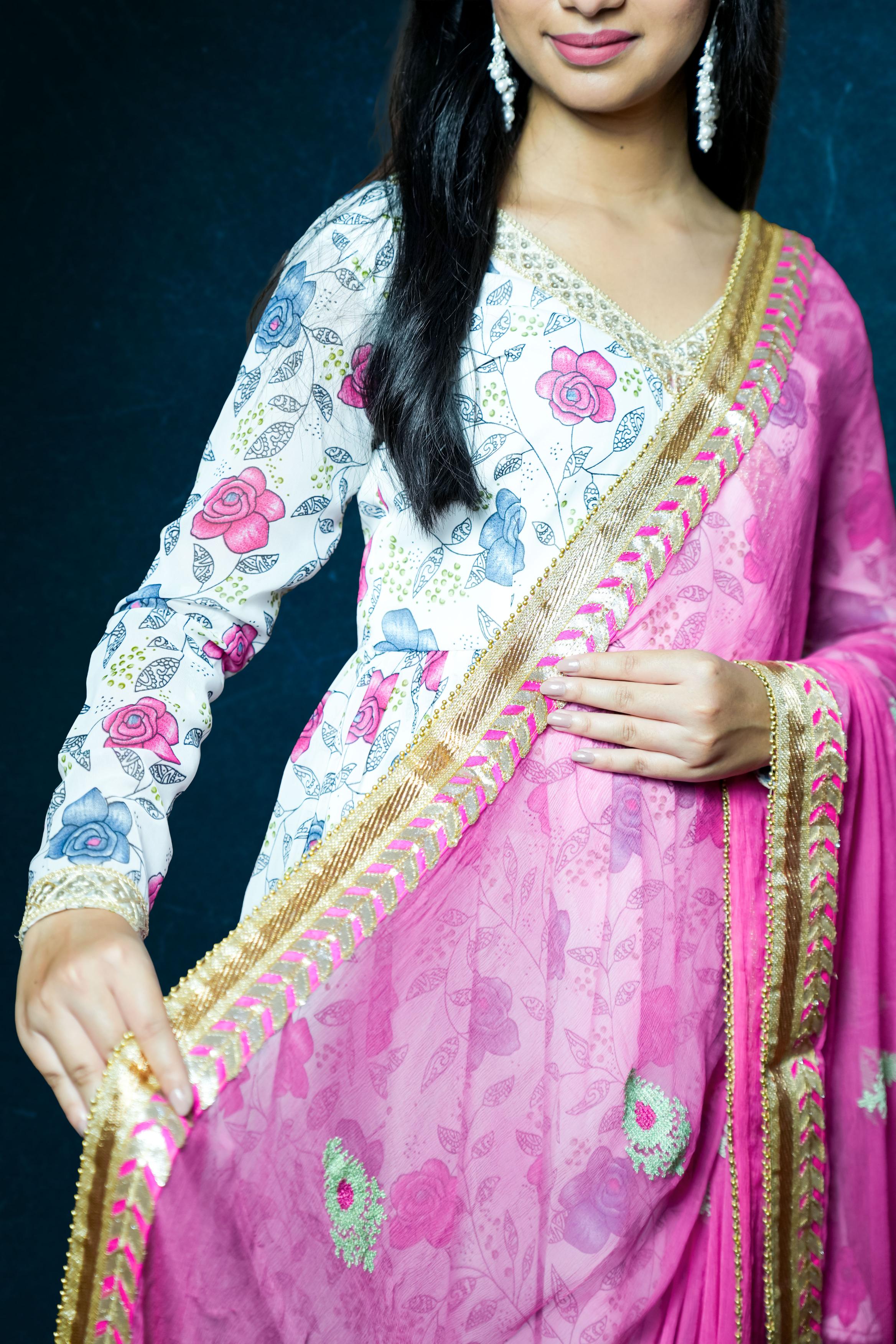 Floral Printed Anarkali with Pink Dupatta