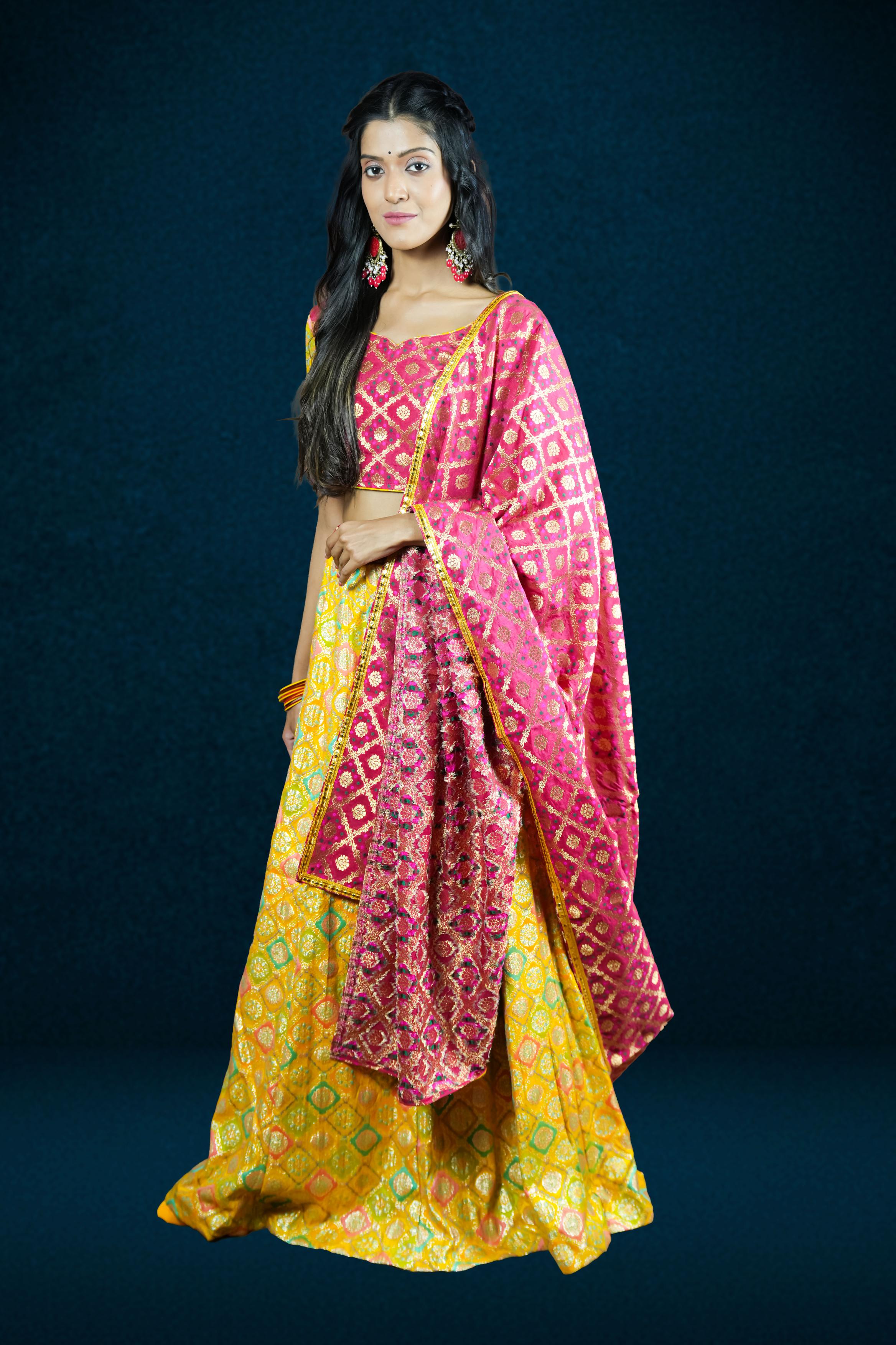 Yellow -Pink Banarasi-Lahenga set.