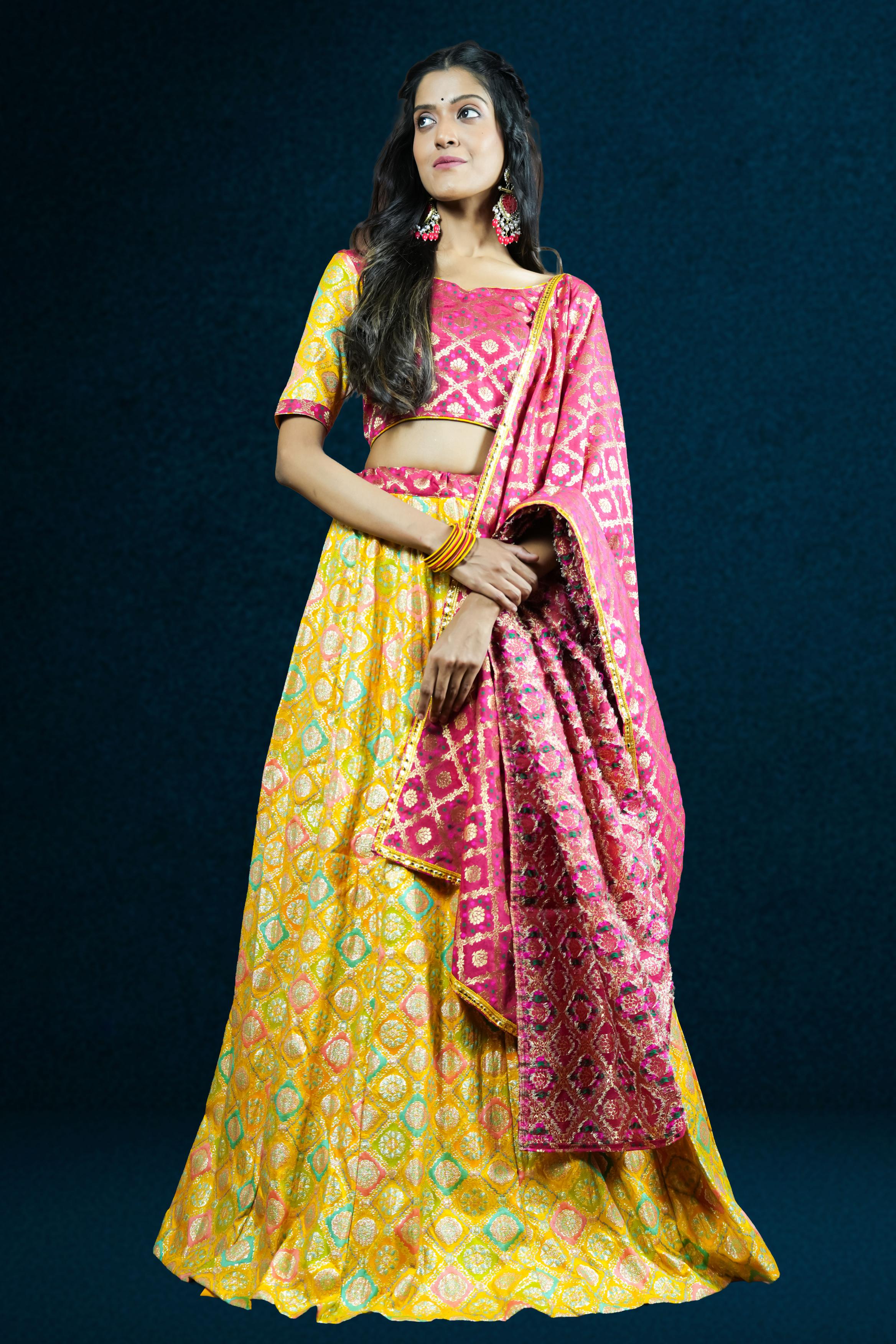 Yellow -Pink Banarasi-Lahenga set.