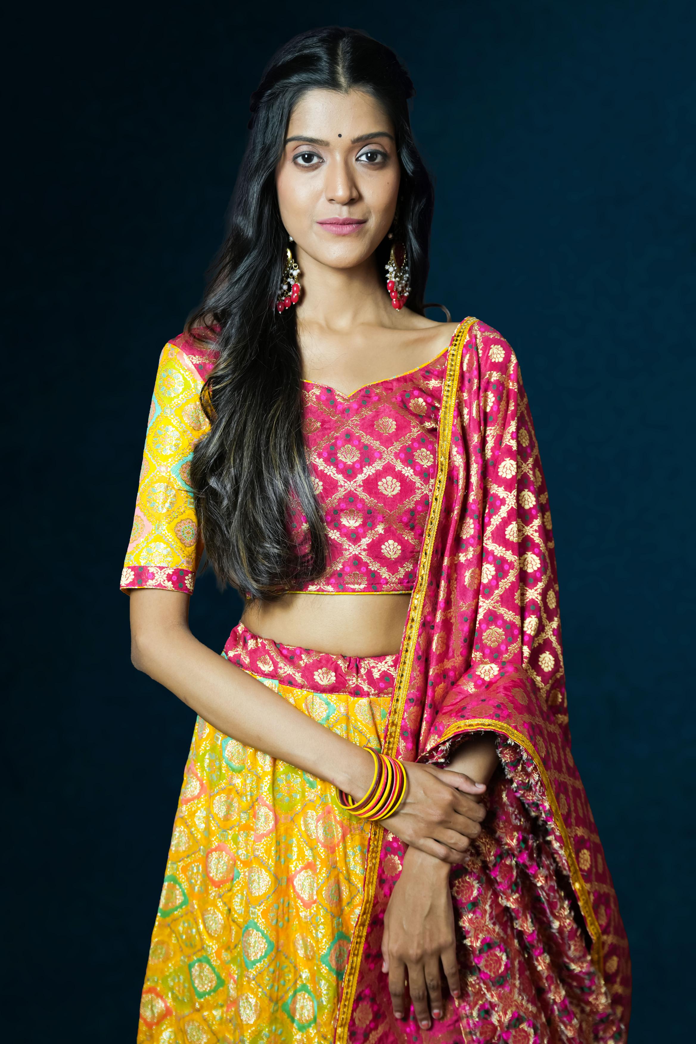 Yellow -Pink Banarasi-Lahenga set.