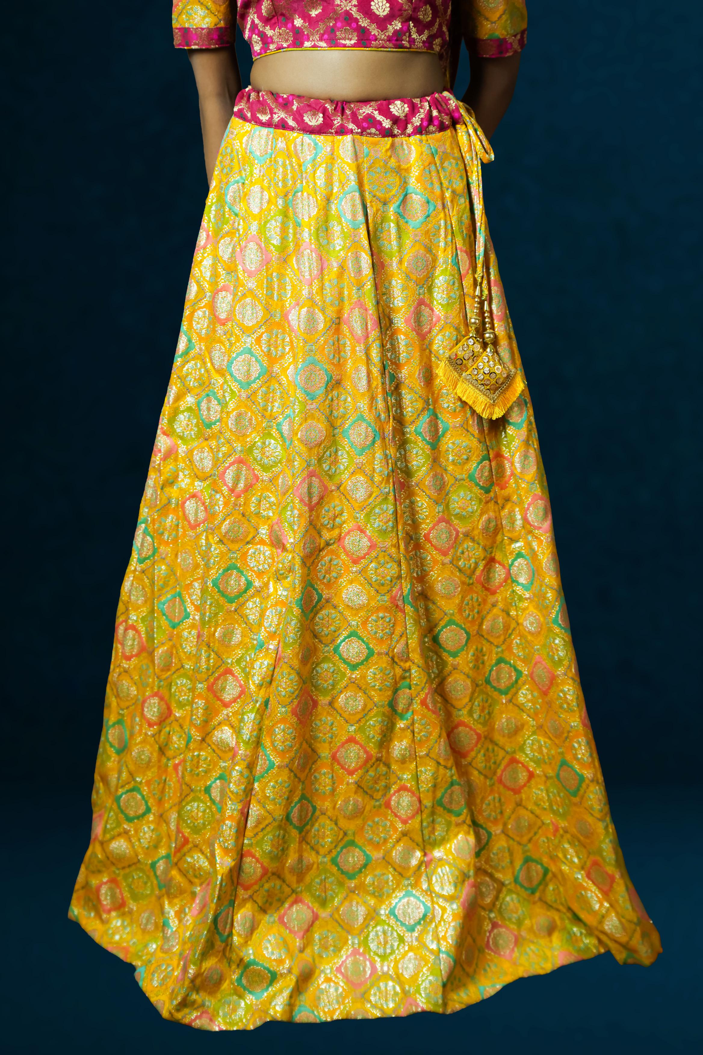 Yellow -Pink Banarasi-Lahenga set.