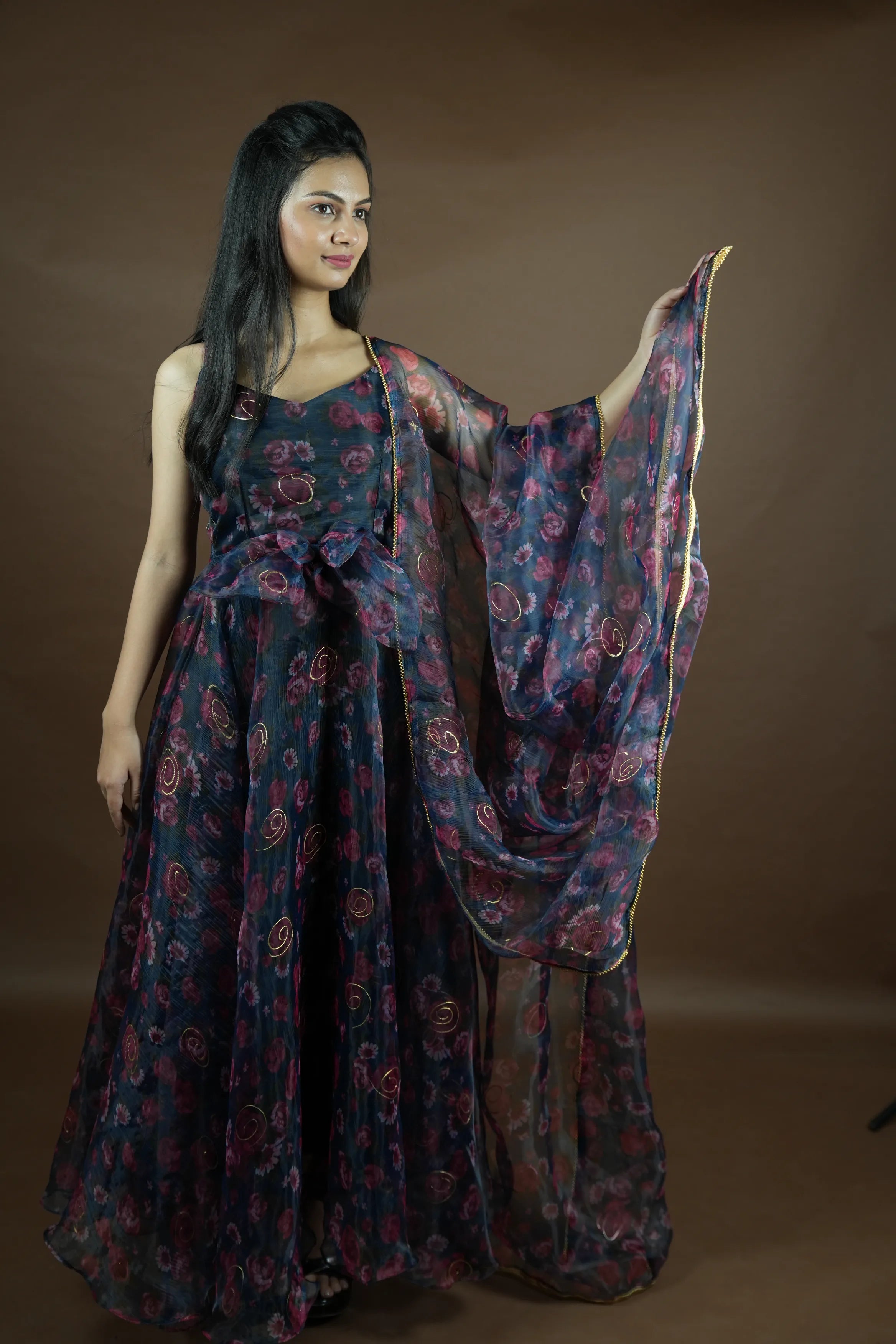 Navy Blue Anarkali kurta with pattern dupatta