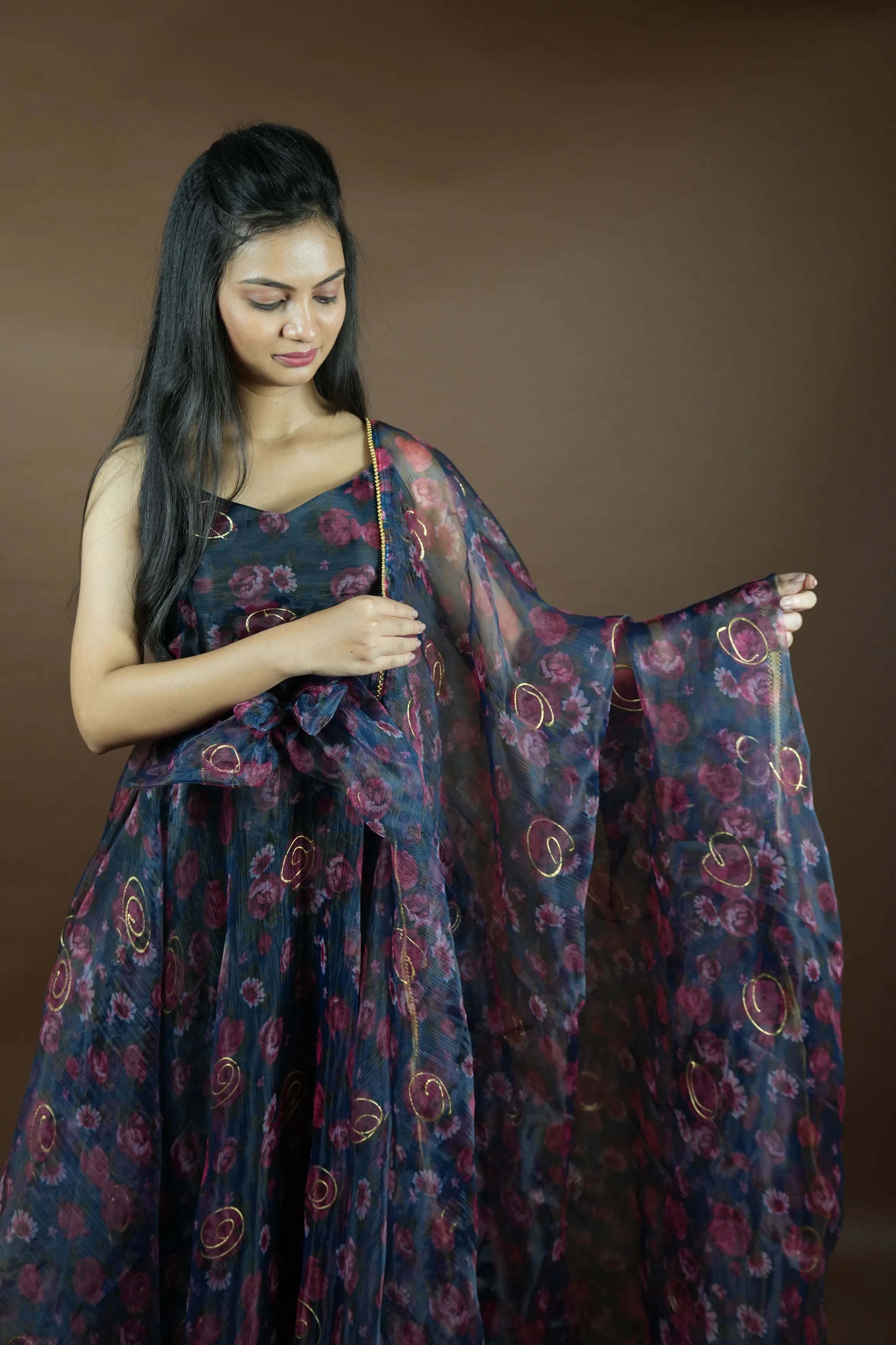 Navy Blue Anarkali kurta with pattern dupatta