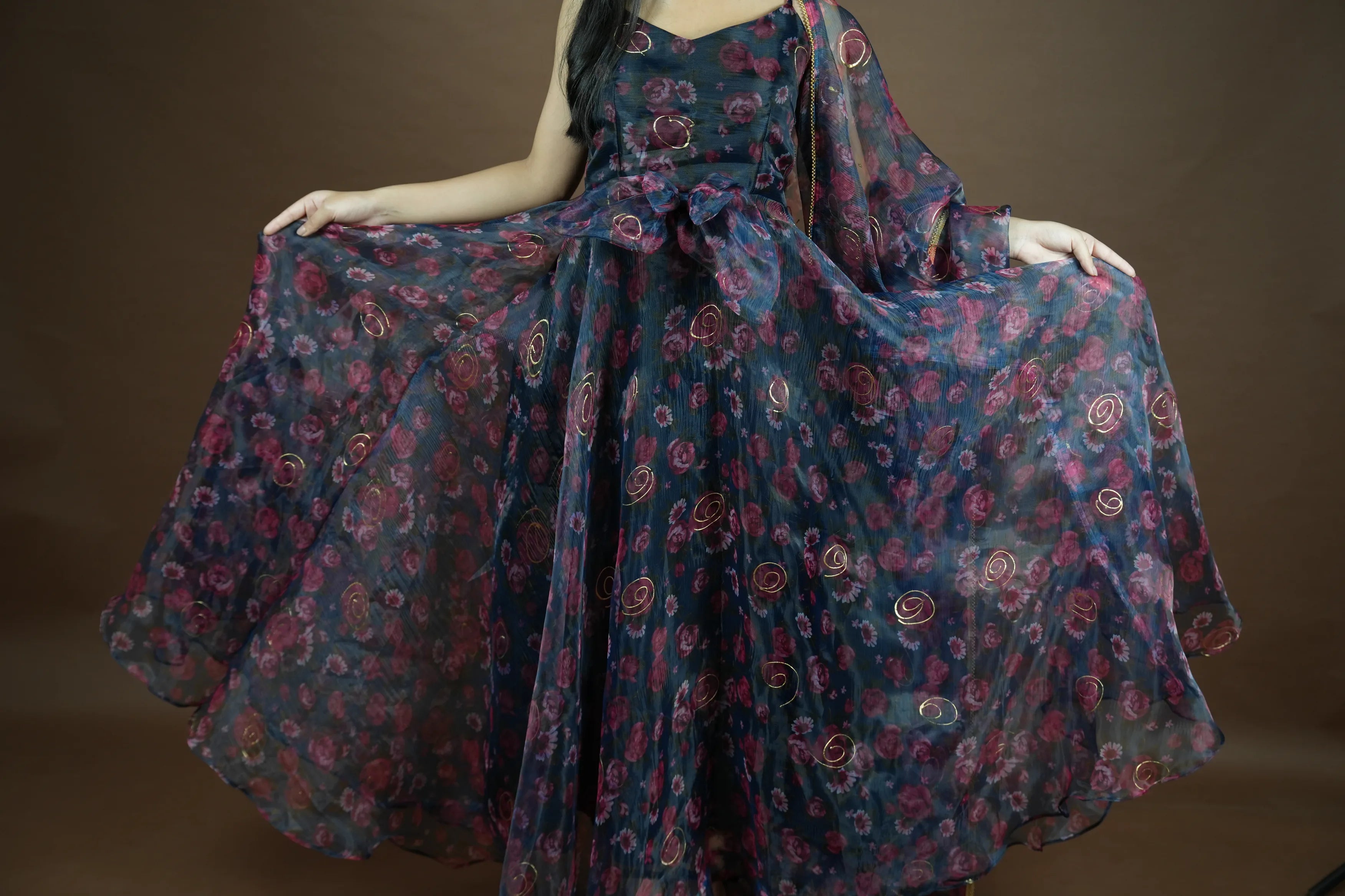 Navy Blue Anarkali kurta with pattern dupatta