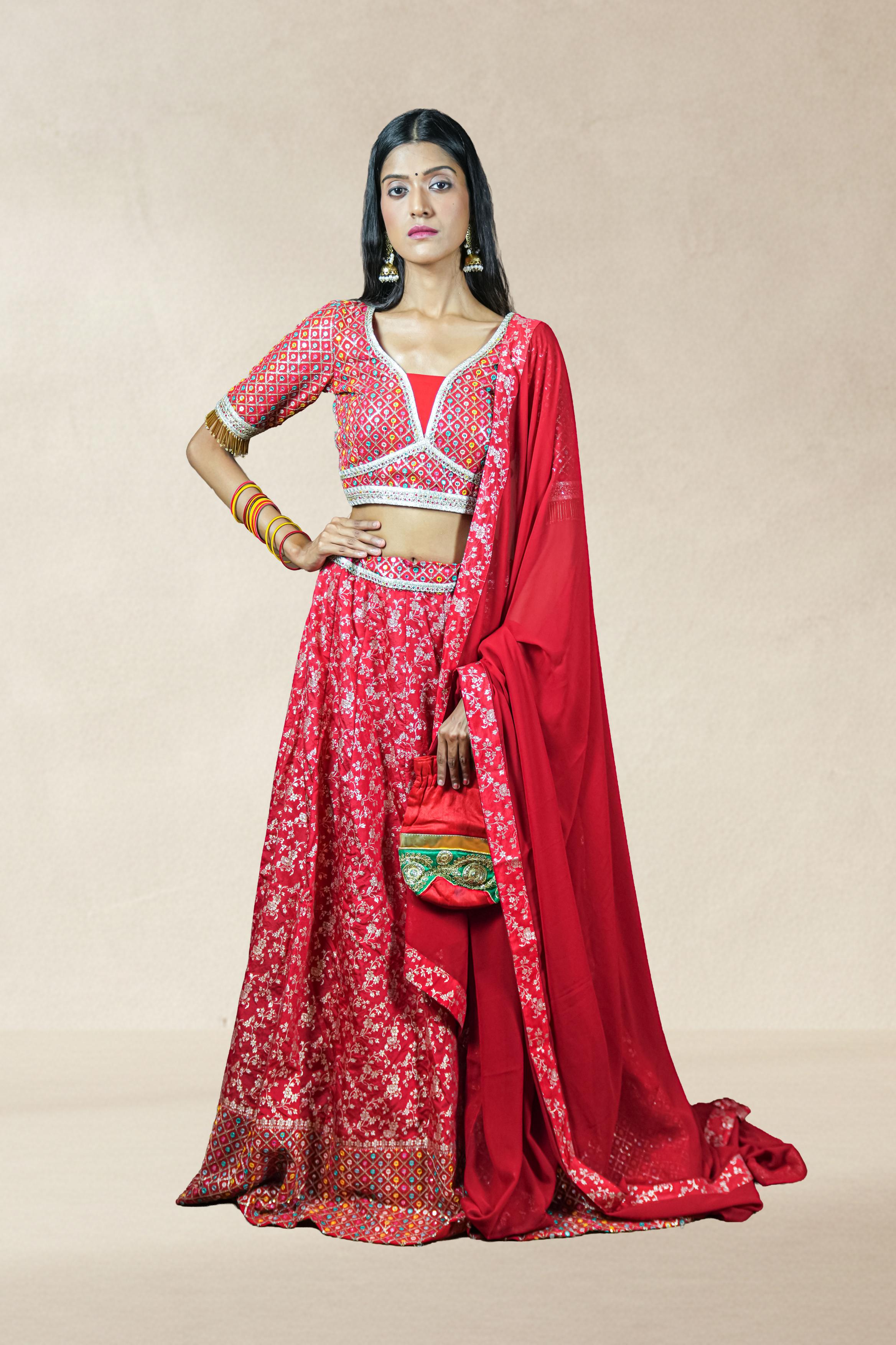 Scarlet Red Mirror Embroidered Lehenga Set