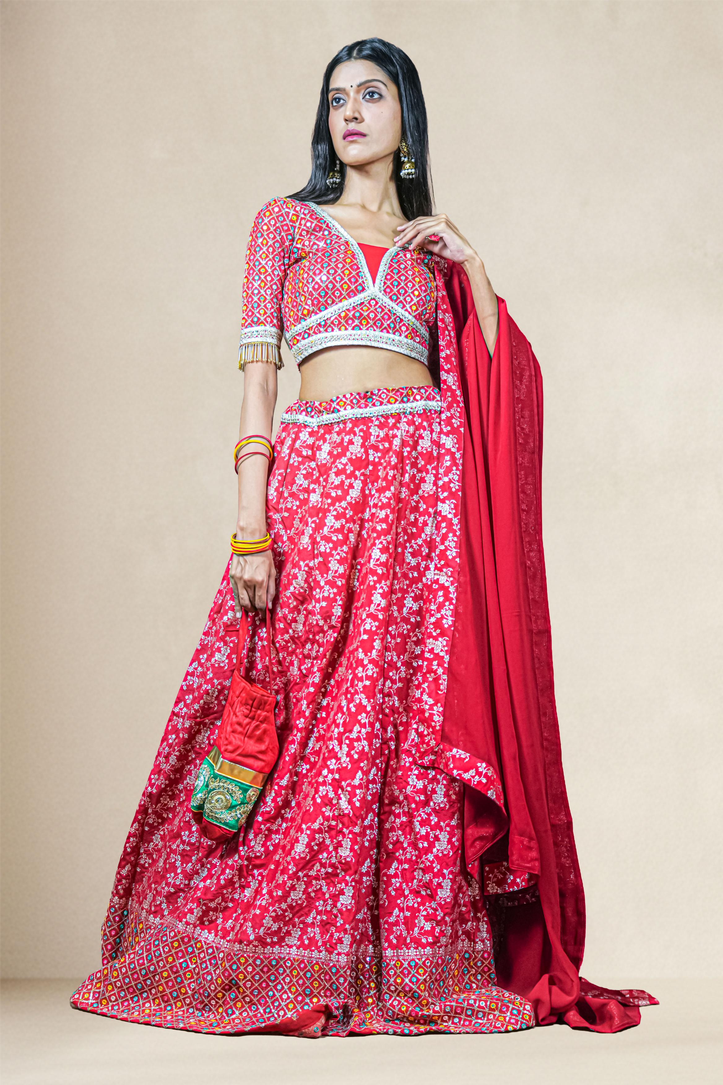 Scarlet Red Mirror Embroidered Lehenga Set
