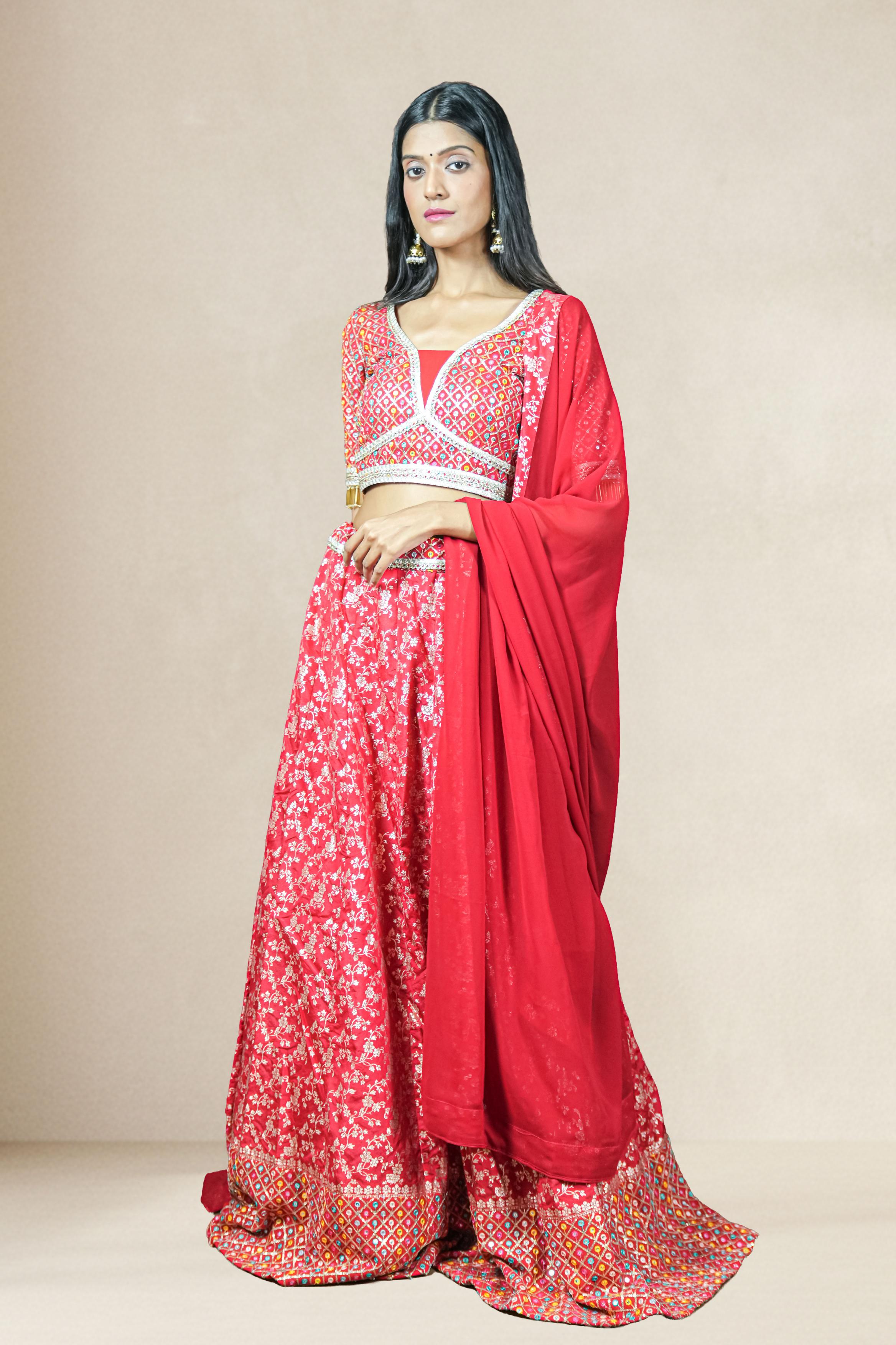 Scarlet Red Mirror Embroidered Lehenga Set