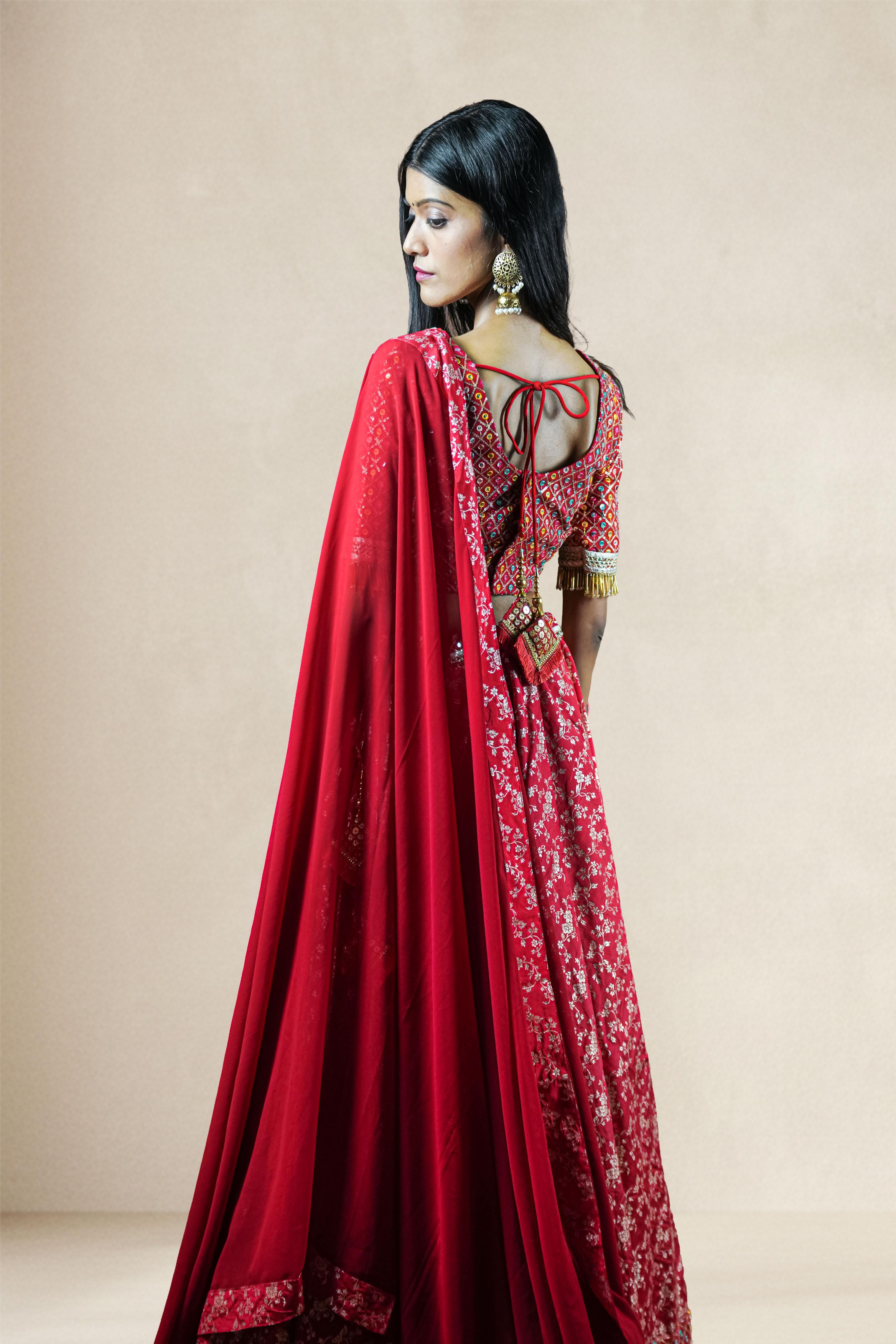 Scarlet Red Mirror Embroidered Lehenga Set