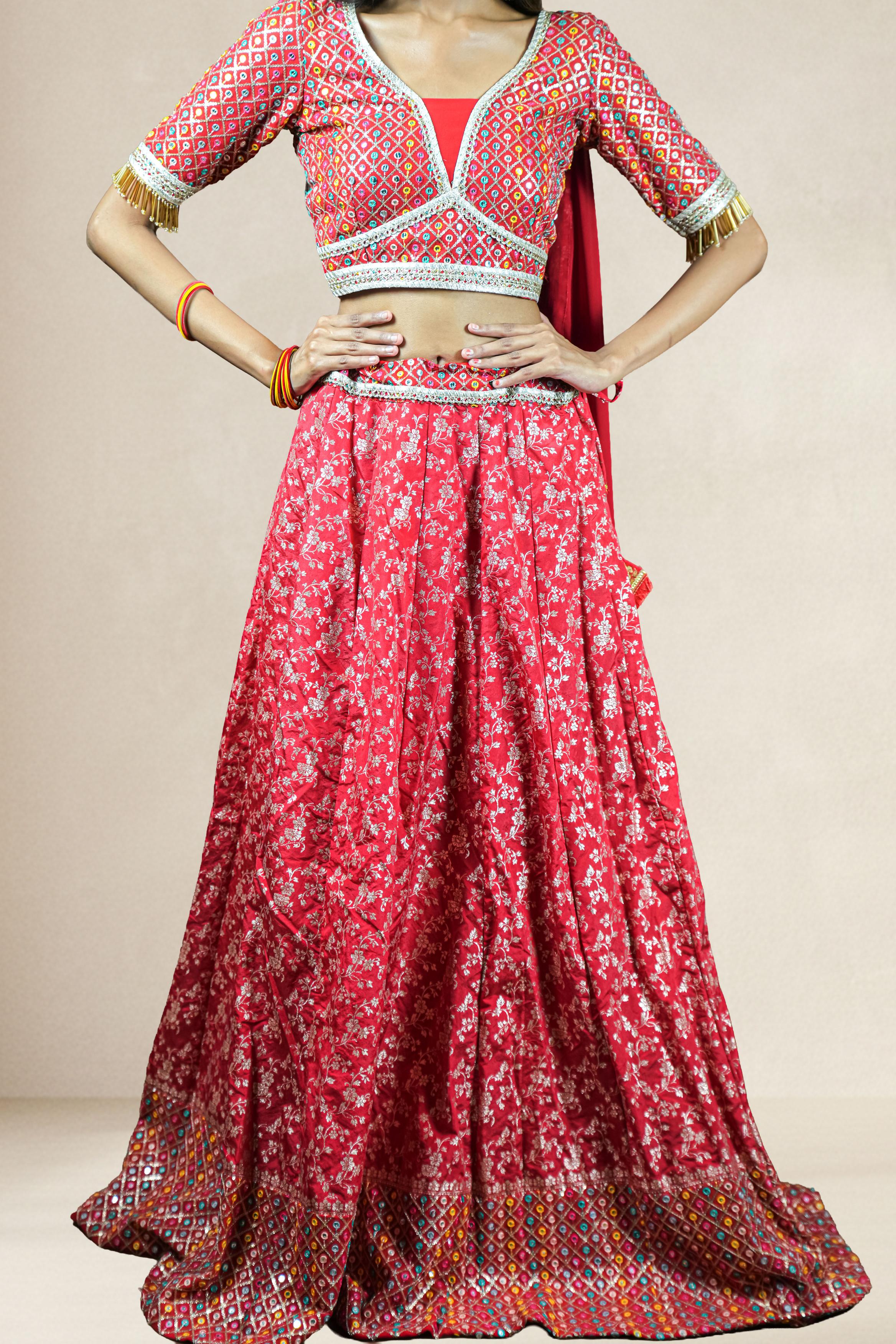 Scarlet Red Mirror Embroidered Lehenga Set