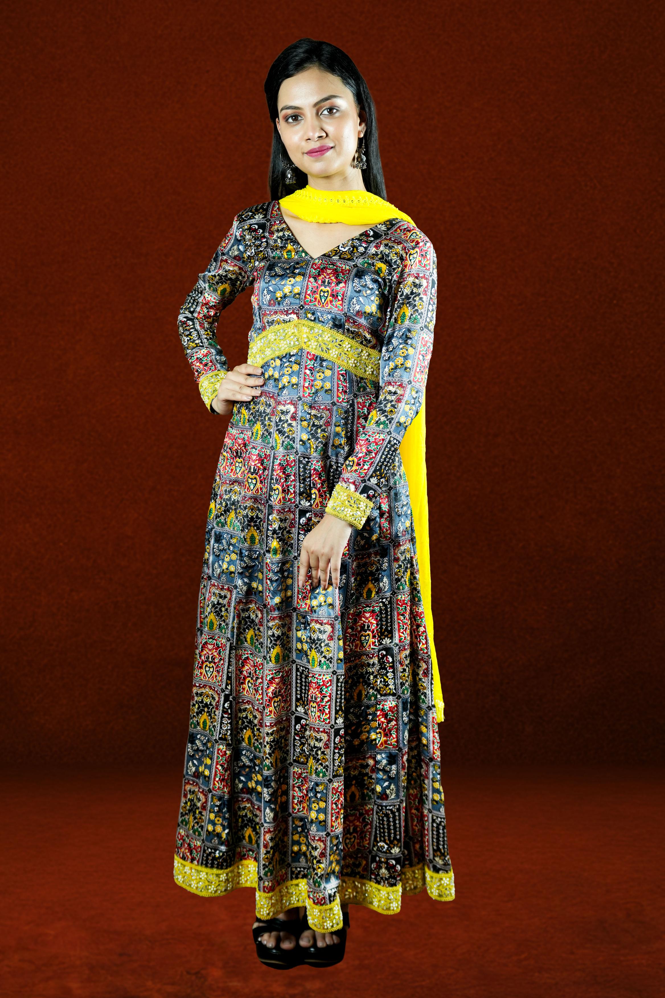 Multicolour Printed Anarkali with Yellow Dupatta