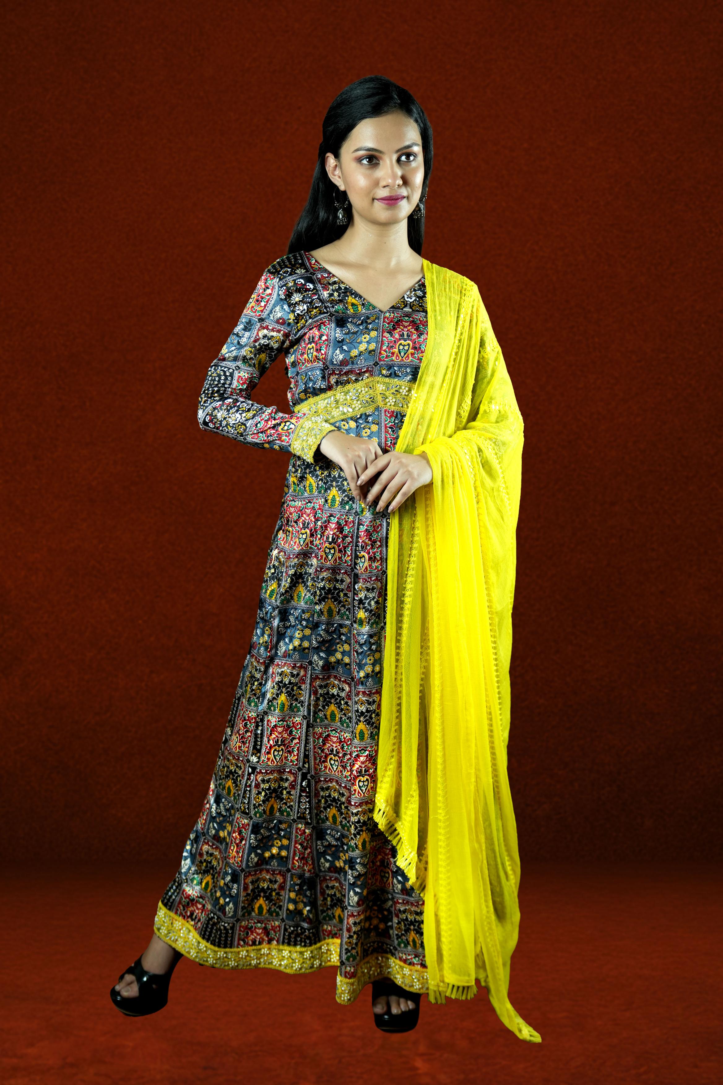 Multicolour Printed Anarkali with Yellow Dupatta