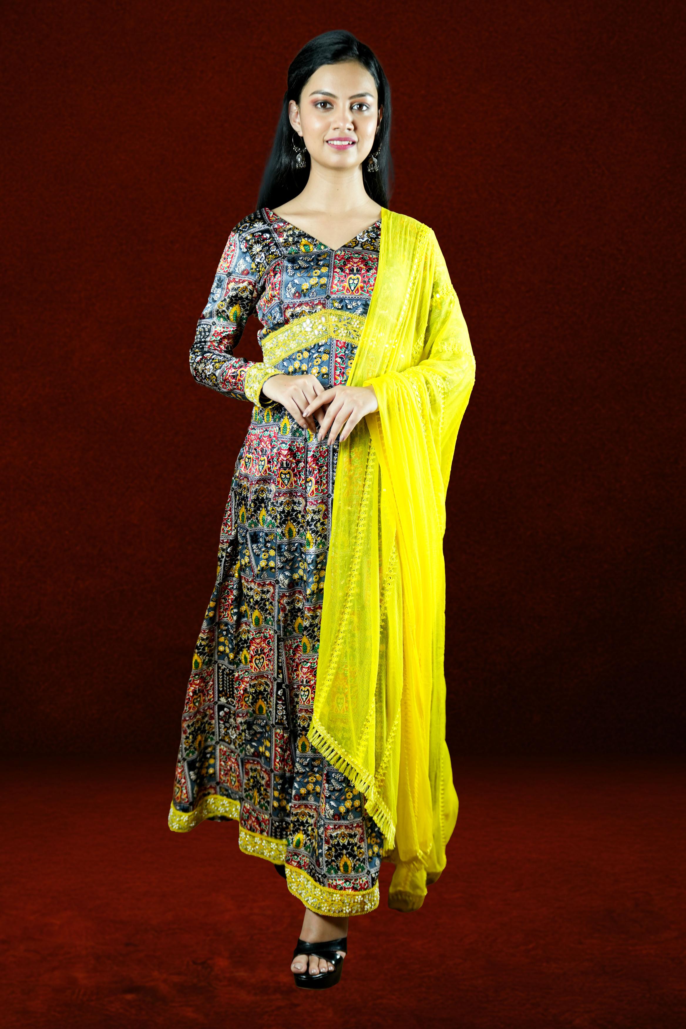 Multicolour Printed Anarkali with Yellow Dupatta