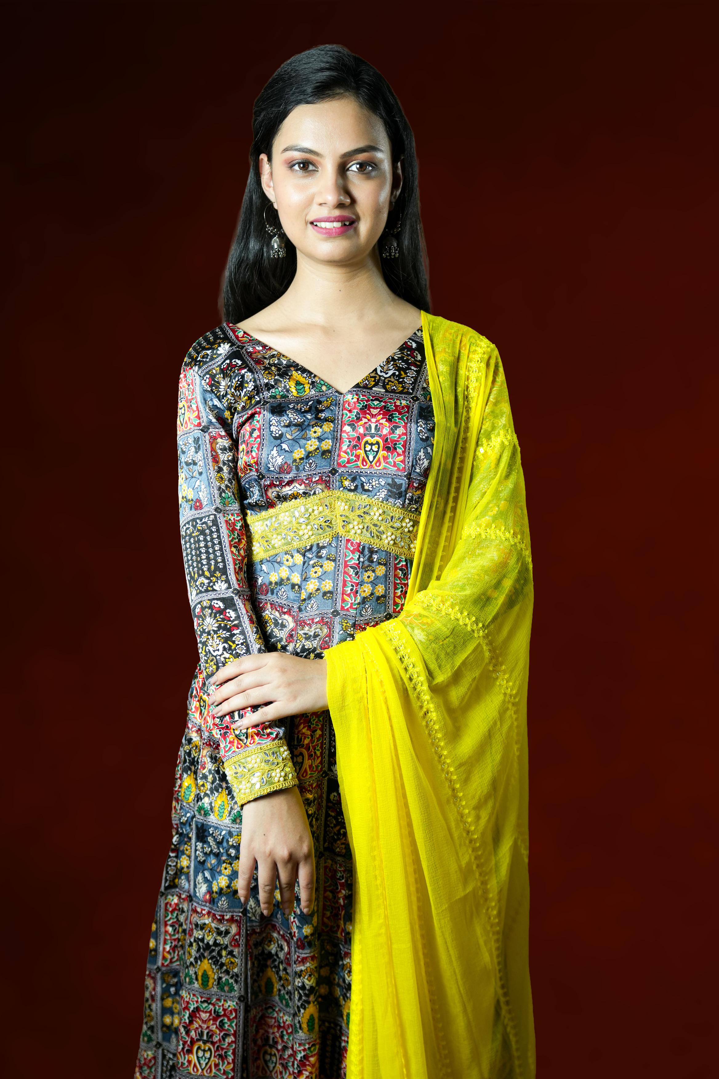 Multicolour Printed Anarkali with Yellow Dupatta