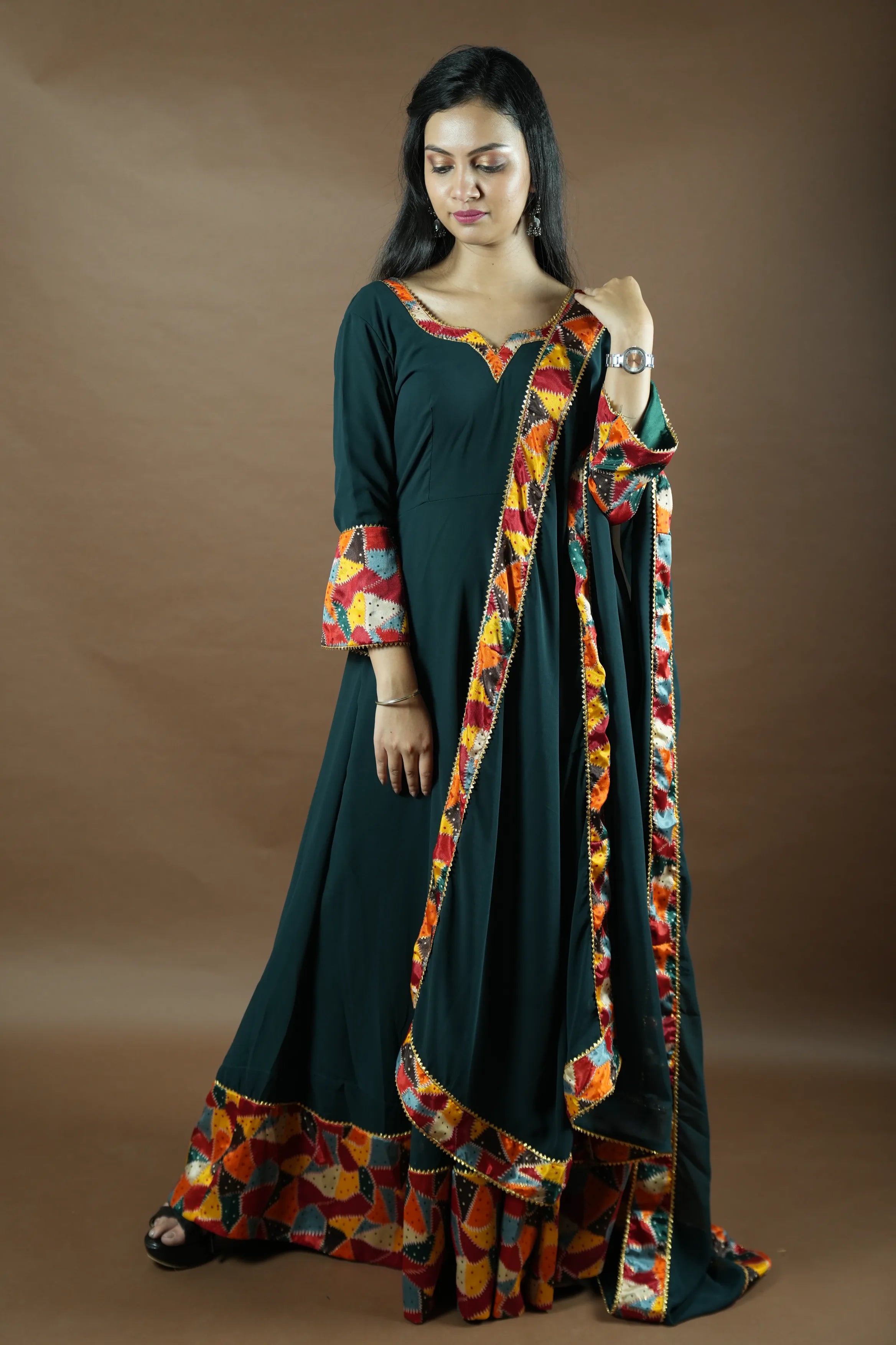 Blue Anarkali kurta with pattern dupatta