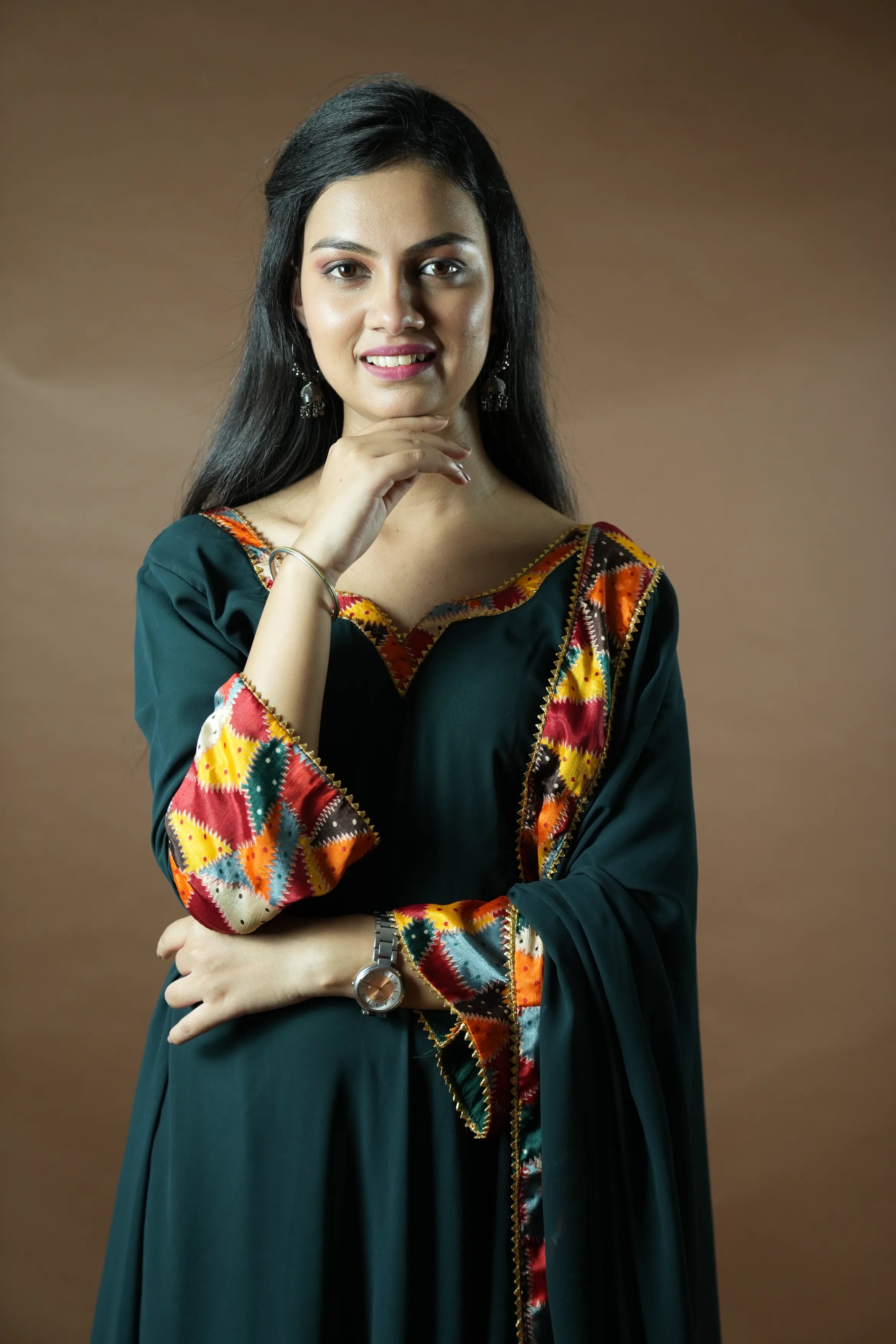 Blue Anarkali kurta with pattern dupatta