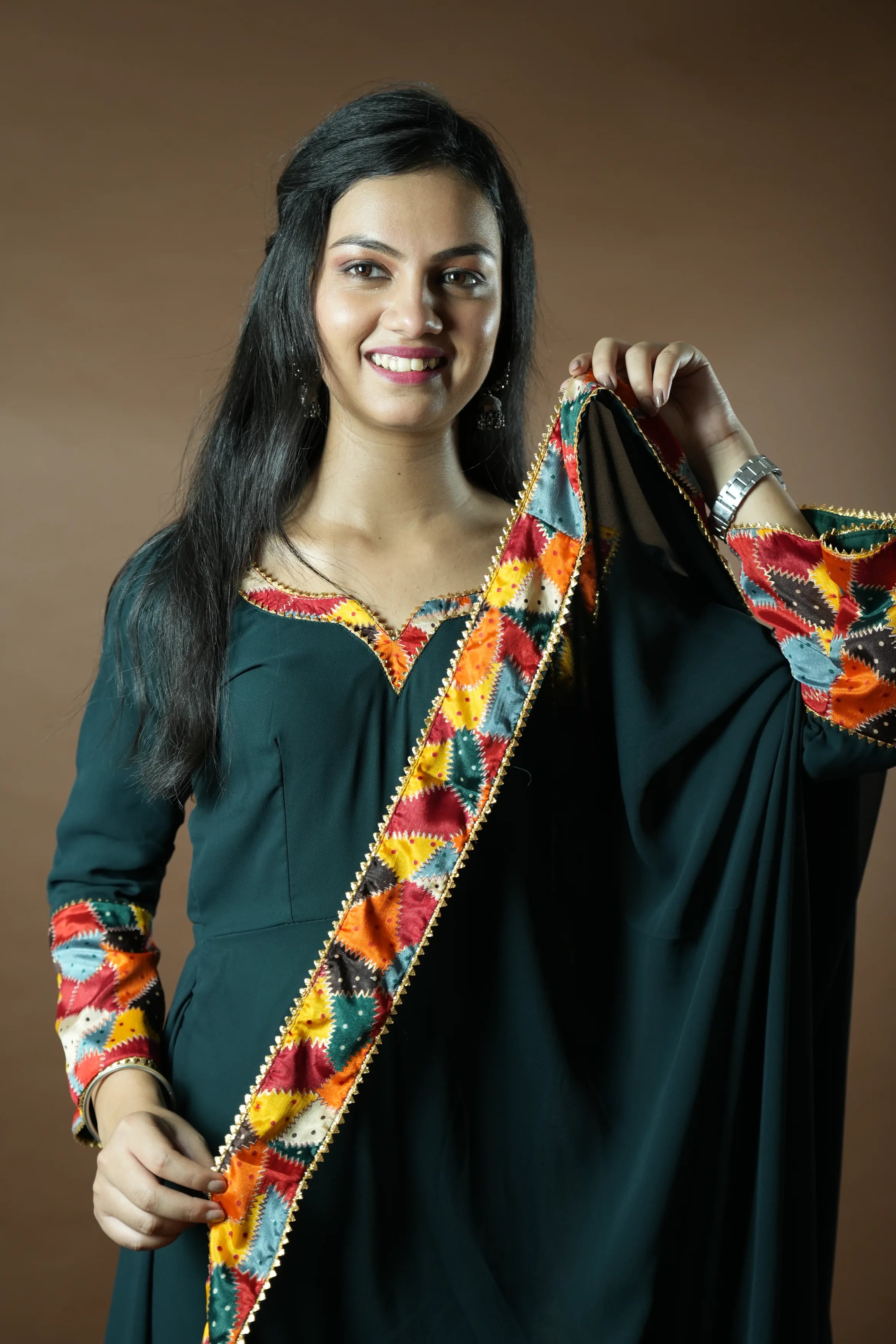 Blue Anarkali kurta with pattern dupatta