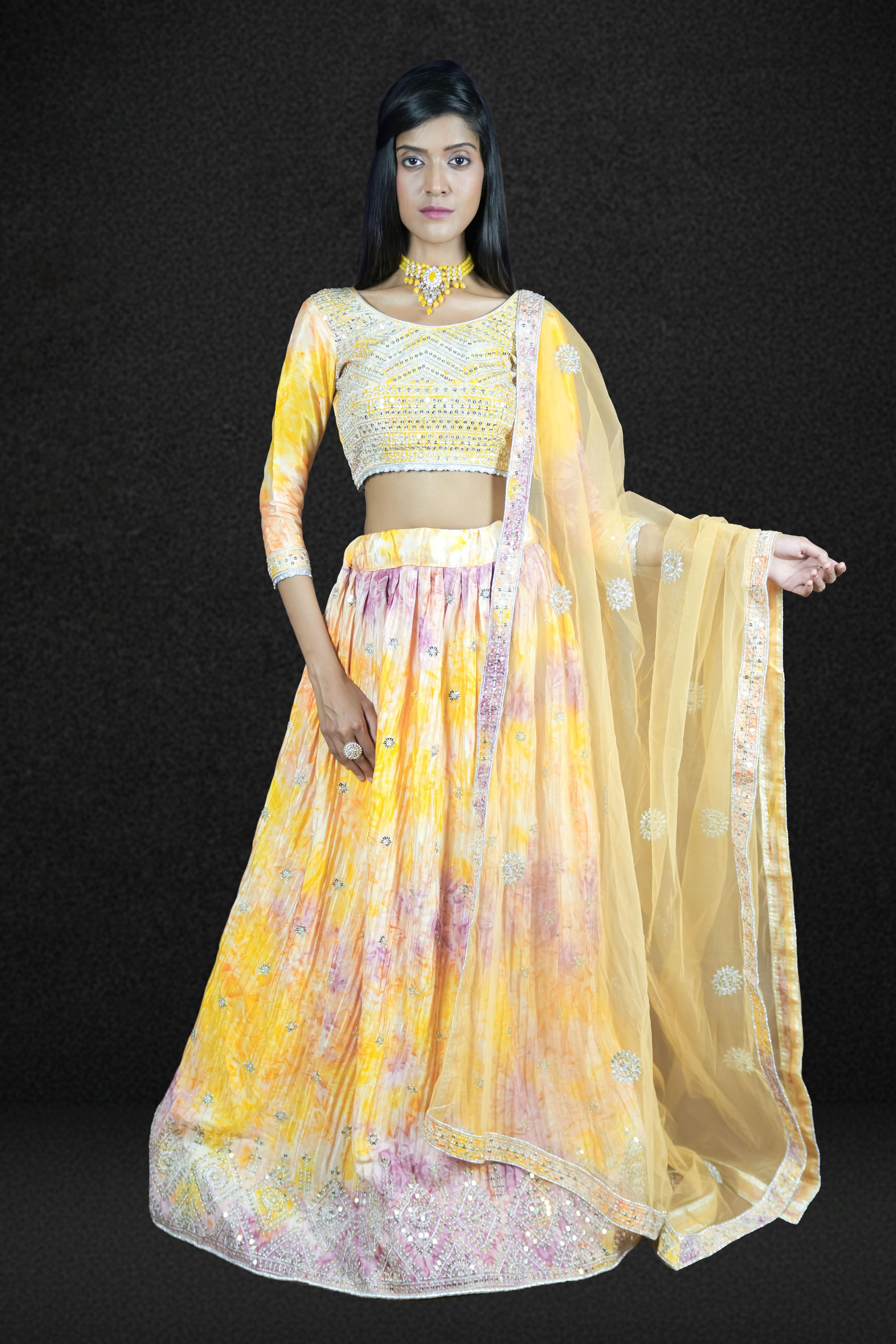 Sunshine Yellow Tie-Dye Mirror Work Lehenga Set