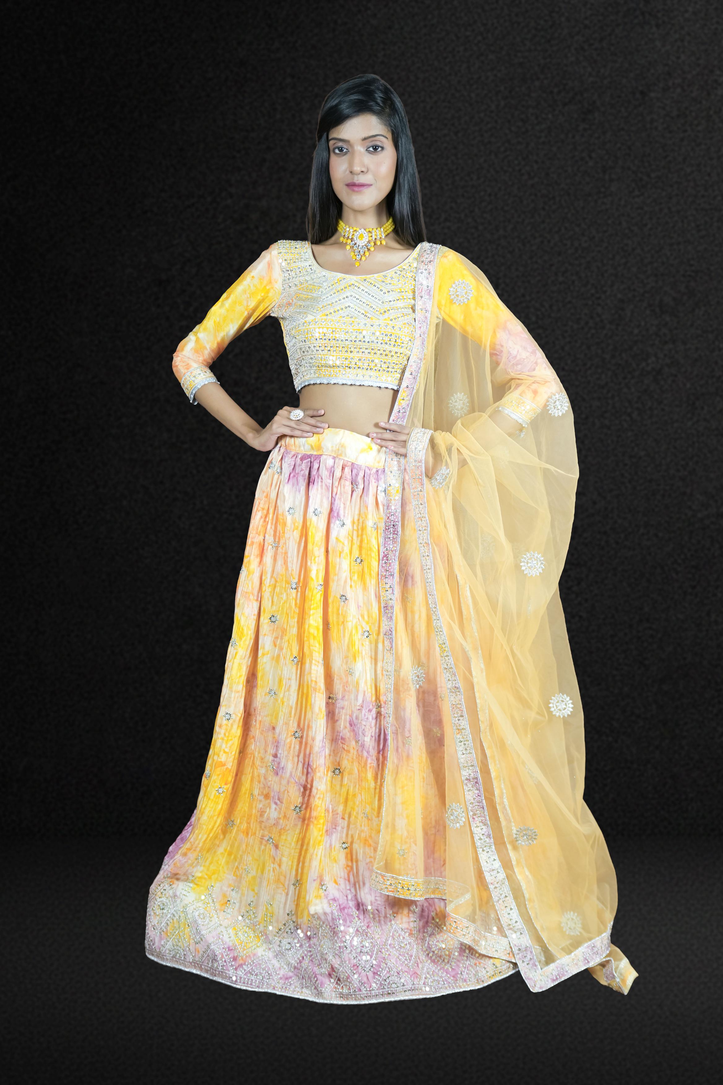 Sunshine Yellow Tie-Dye Mirror Work Lehenga Set