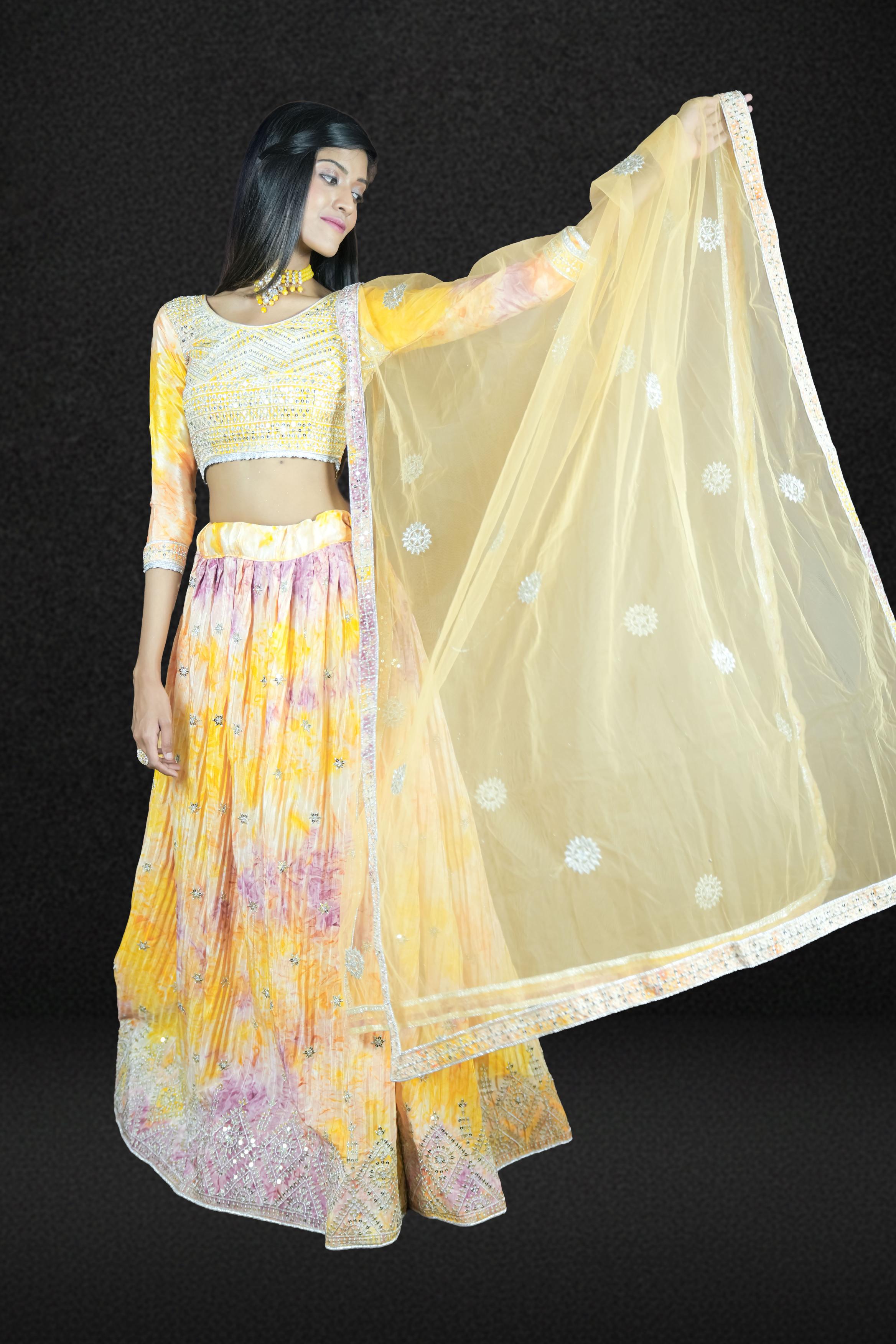 Sunshine Yellow Tie-Dye Mirror Work Lehenga Set