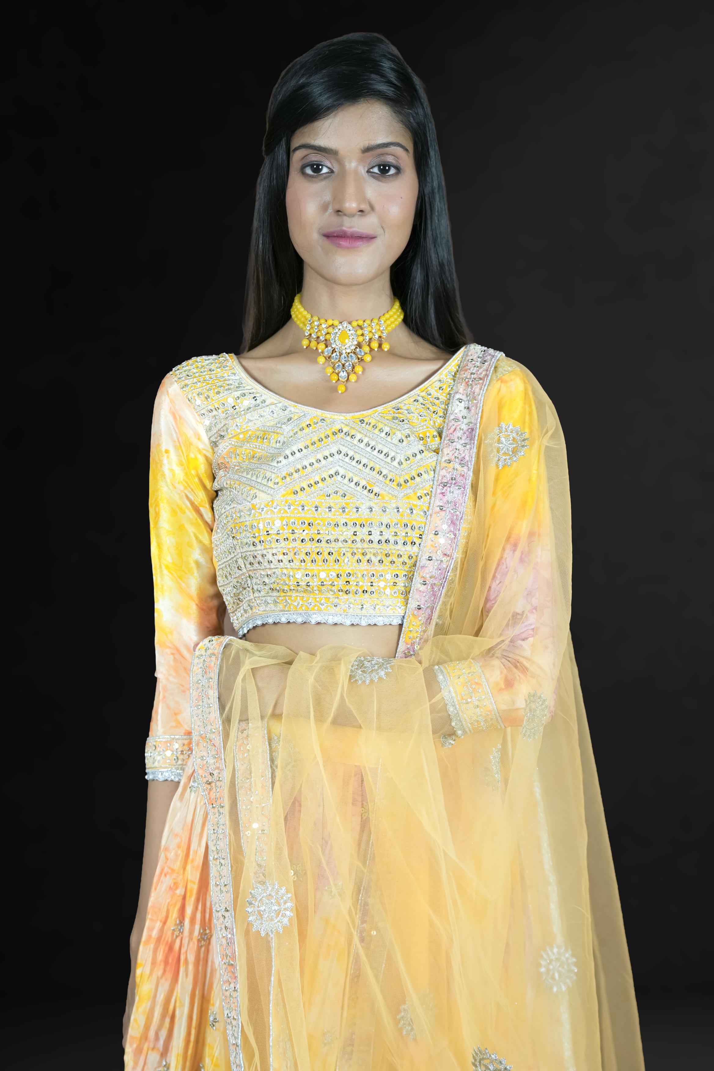 Sunshine Yellow Tie-Dye Mirror Work Lehenga Set