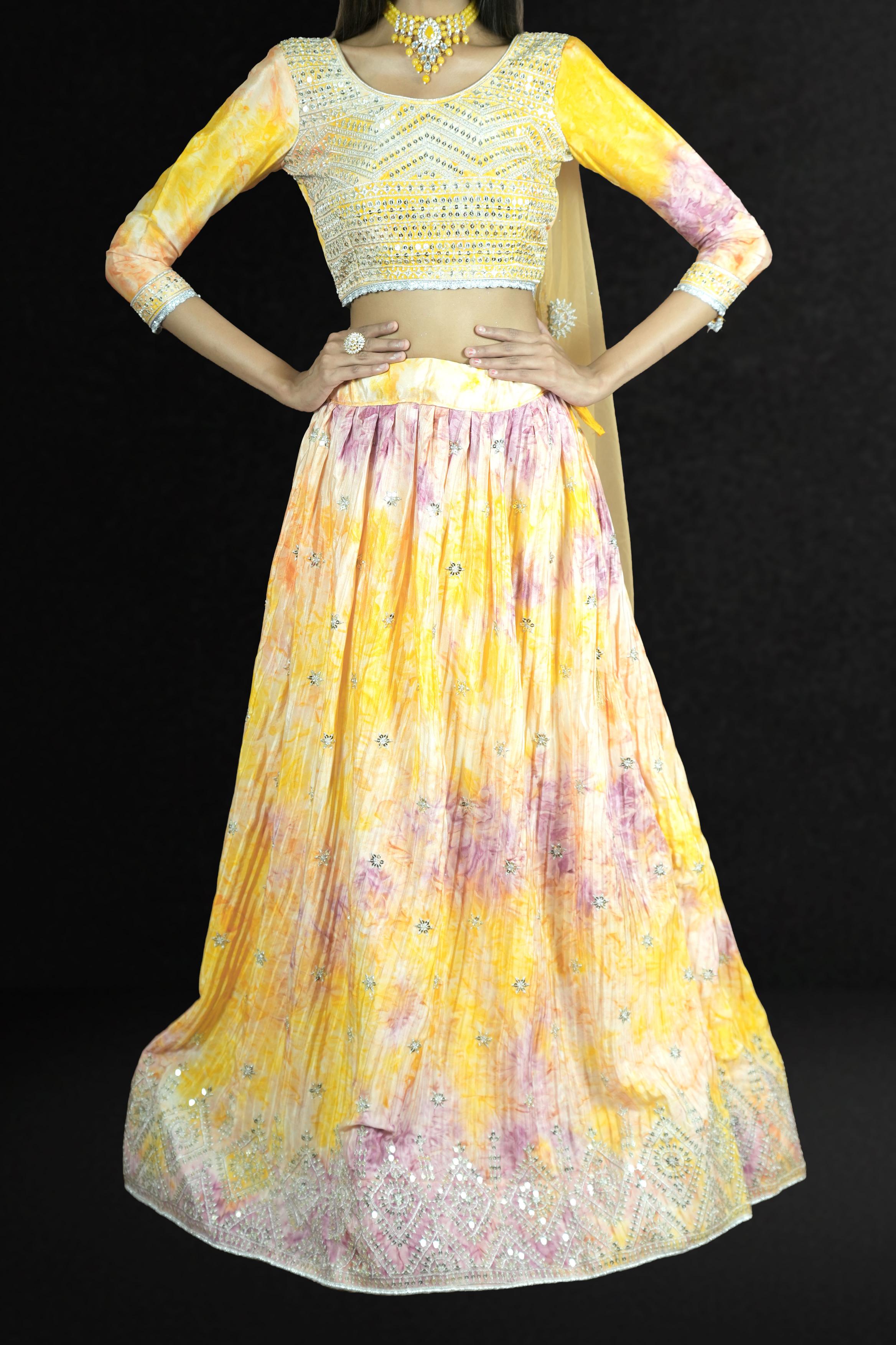 Sunshine Yellow Tie-Dye Mirror Work Lehenga Set