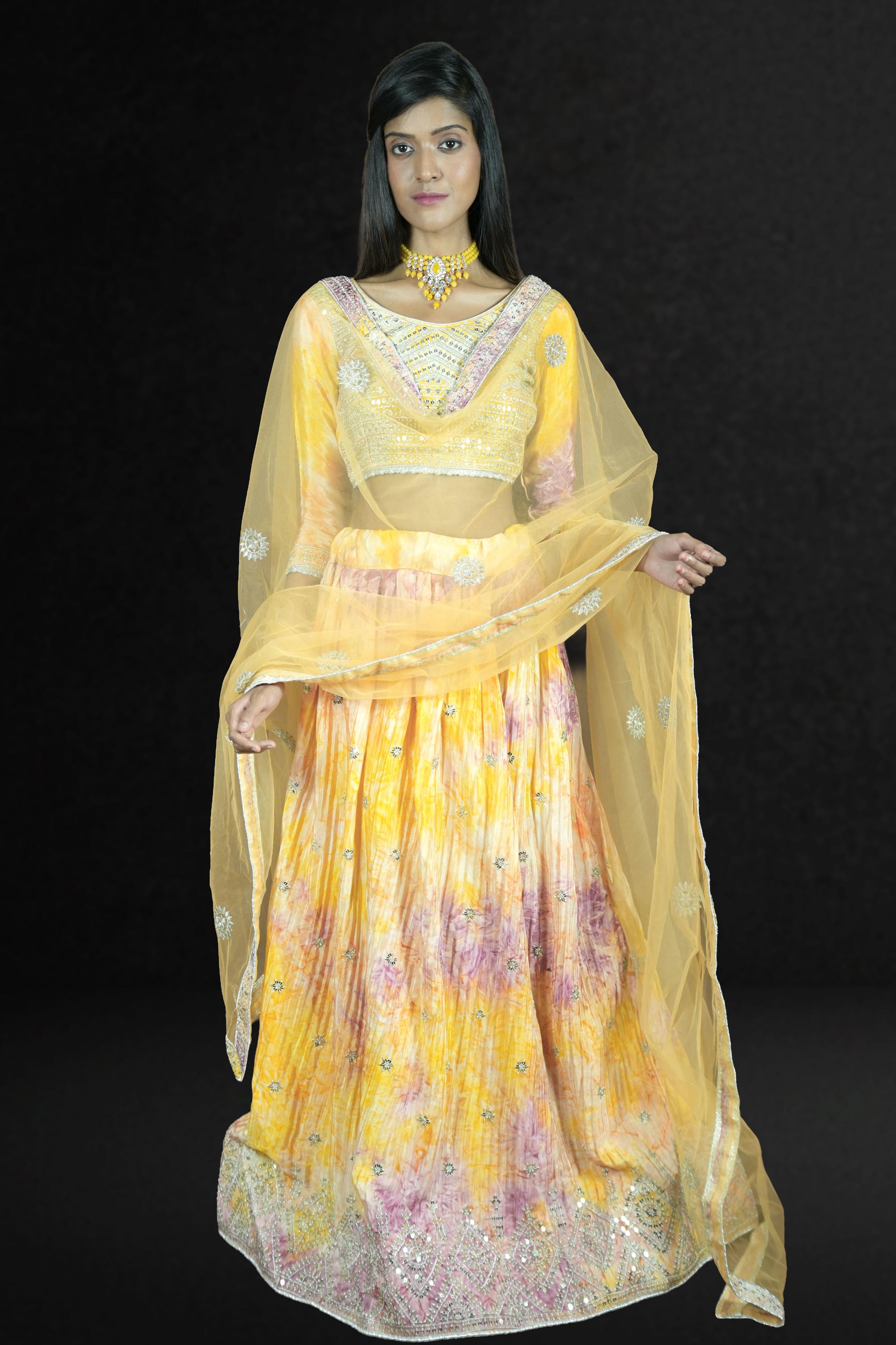 Sunshine Yellow Tie-Dye Mirror Work Lehenga Set