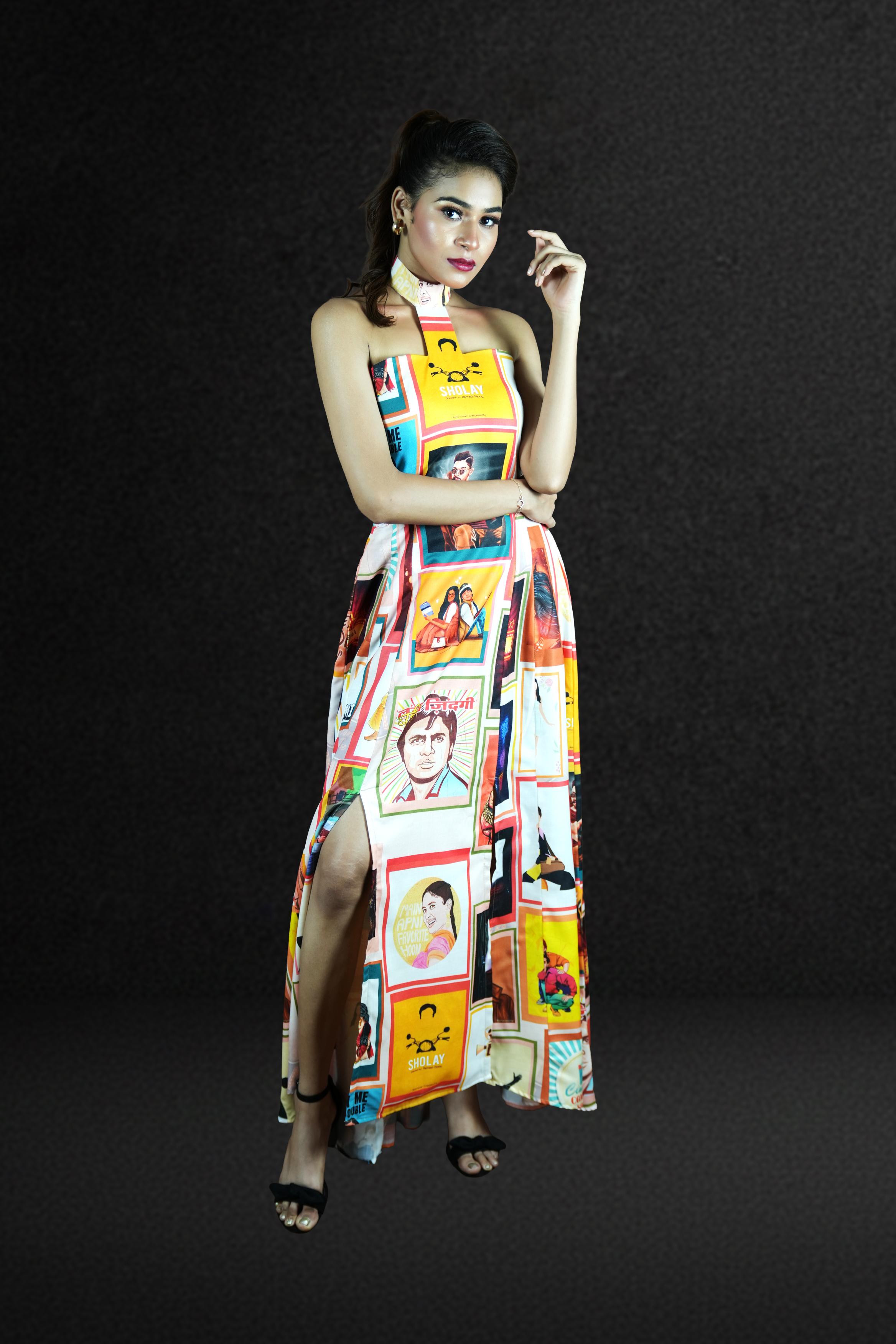 Retro Bollywood Poster Halter-Neck Maxi Dress