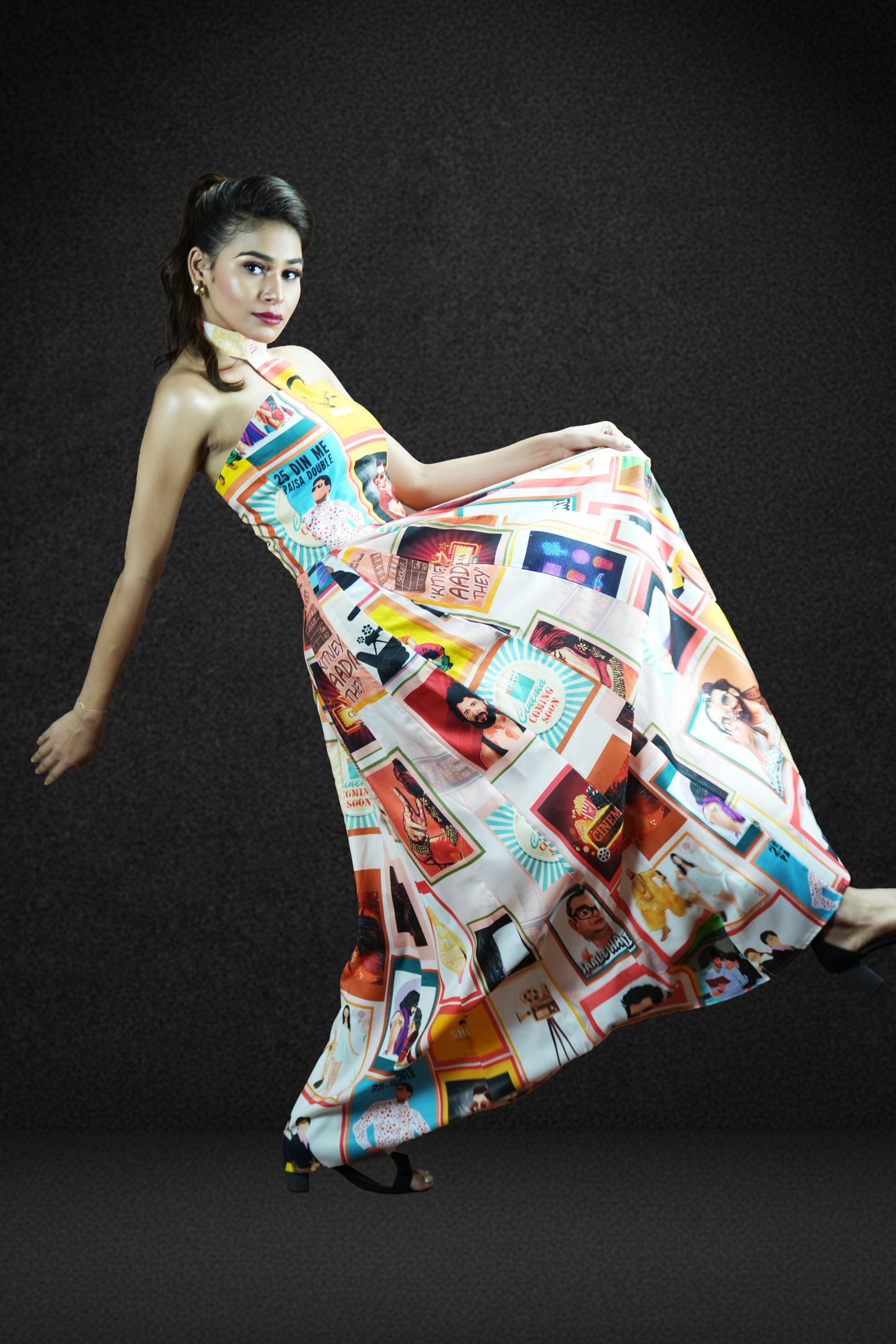 Retro Bollywood Poster Halter-Neck Maxi Dress