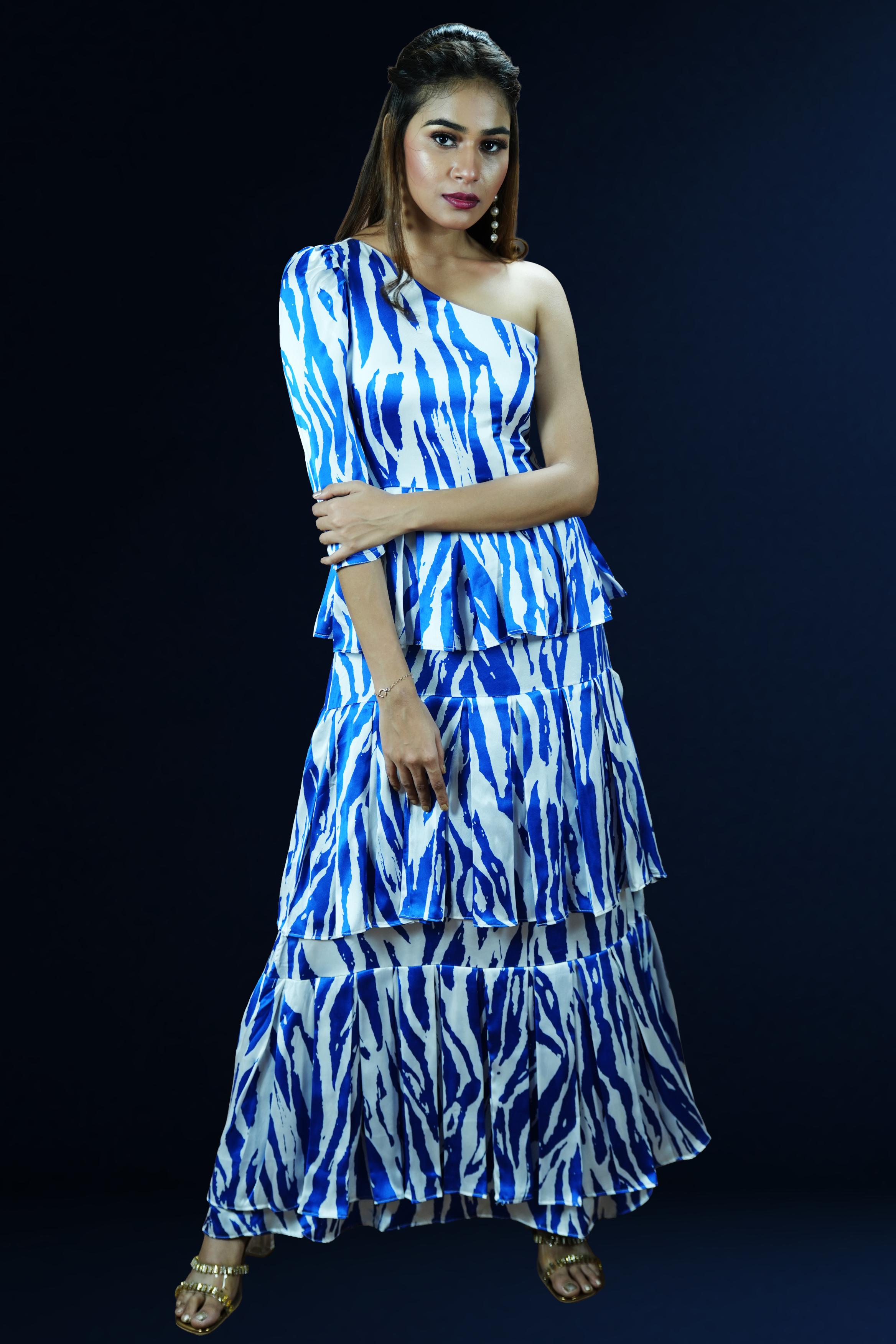 Blue Breeze One-Shoulder Tiered Co-ord Set
