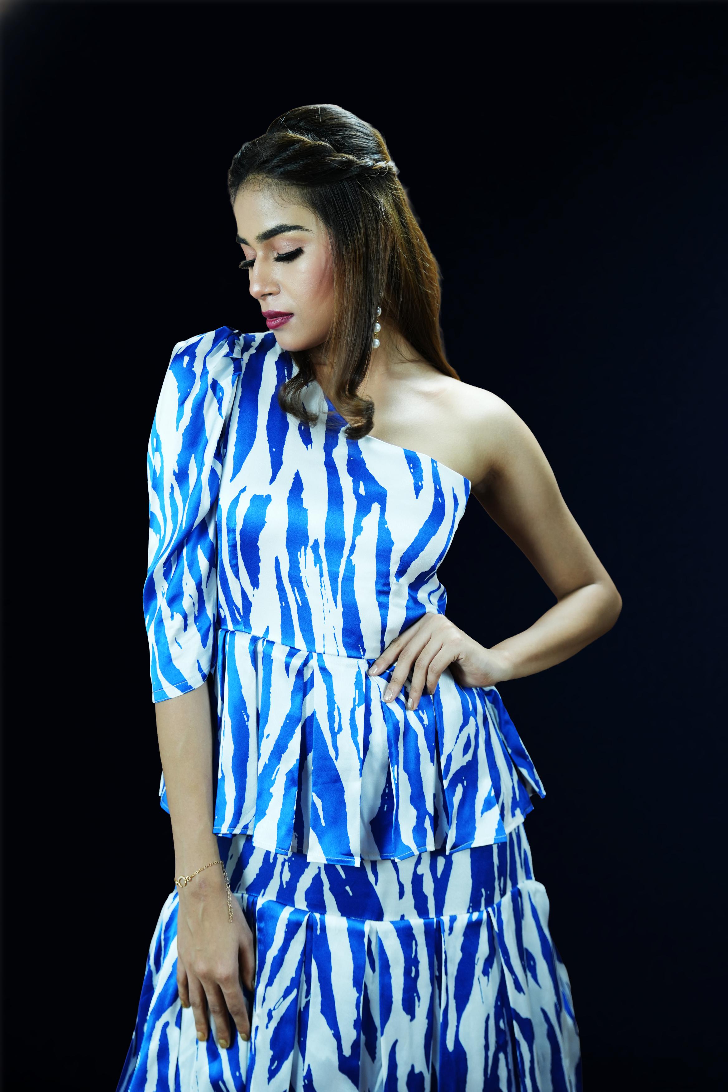 Blue Breeze One-Shoulder Tiered Co-ord Set