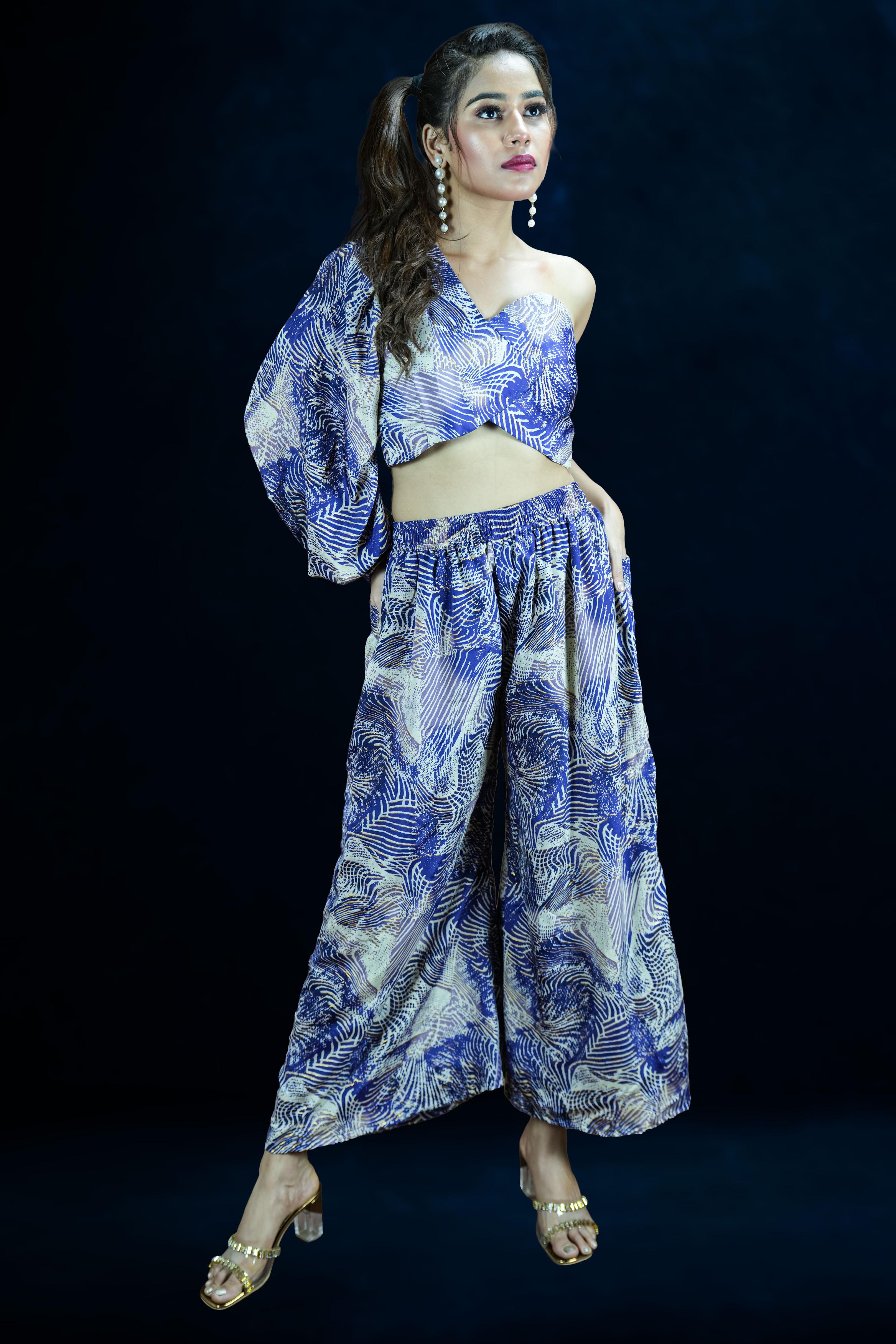 Blue Palm One-Shoulder Crop Top & Wide-Leg Pant Co-ord Set