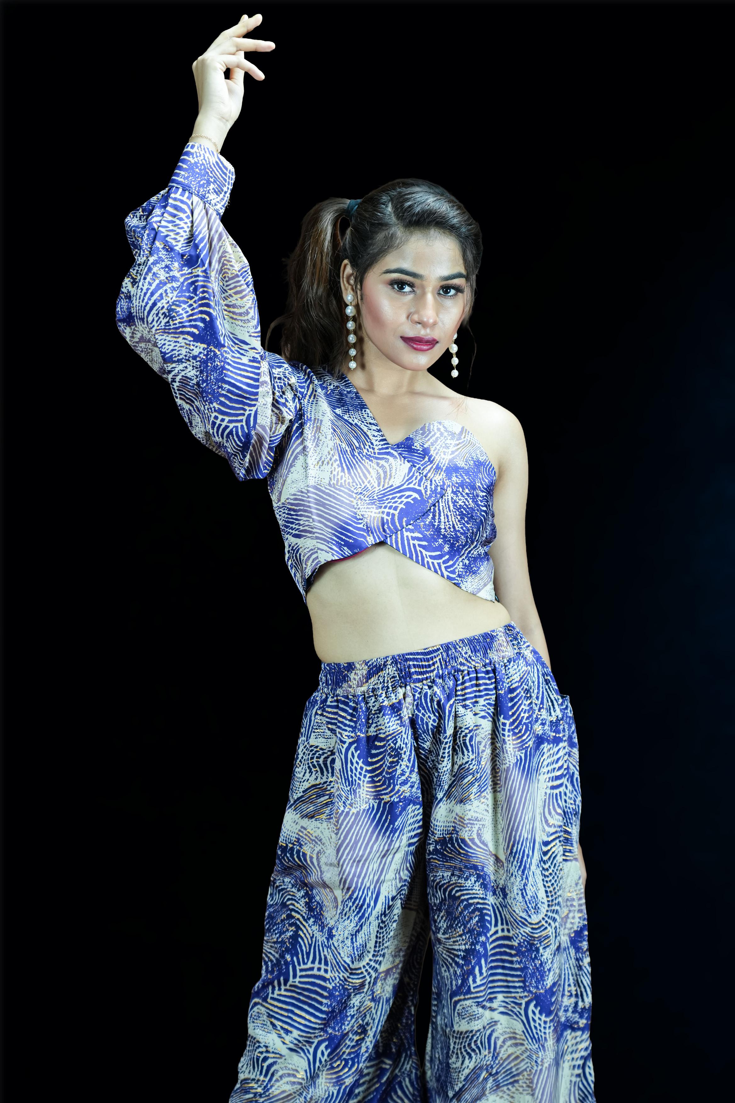 Blue Palm One-Shoulder Crop Top & Wide-Leg Pant Co-ord Set
